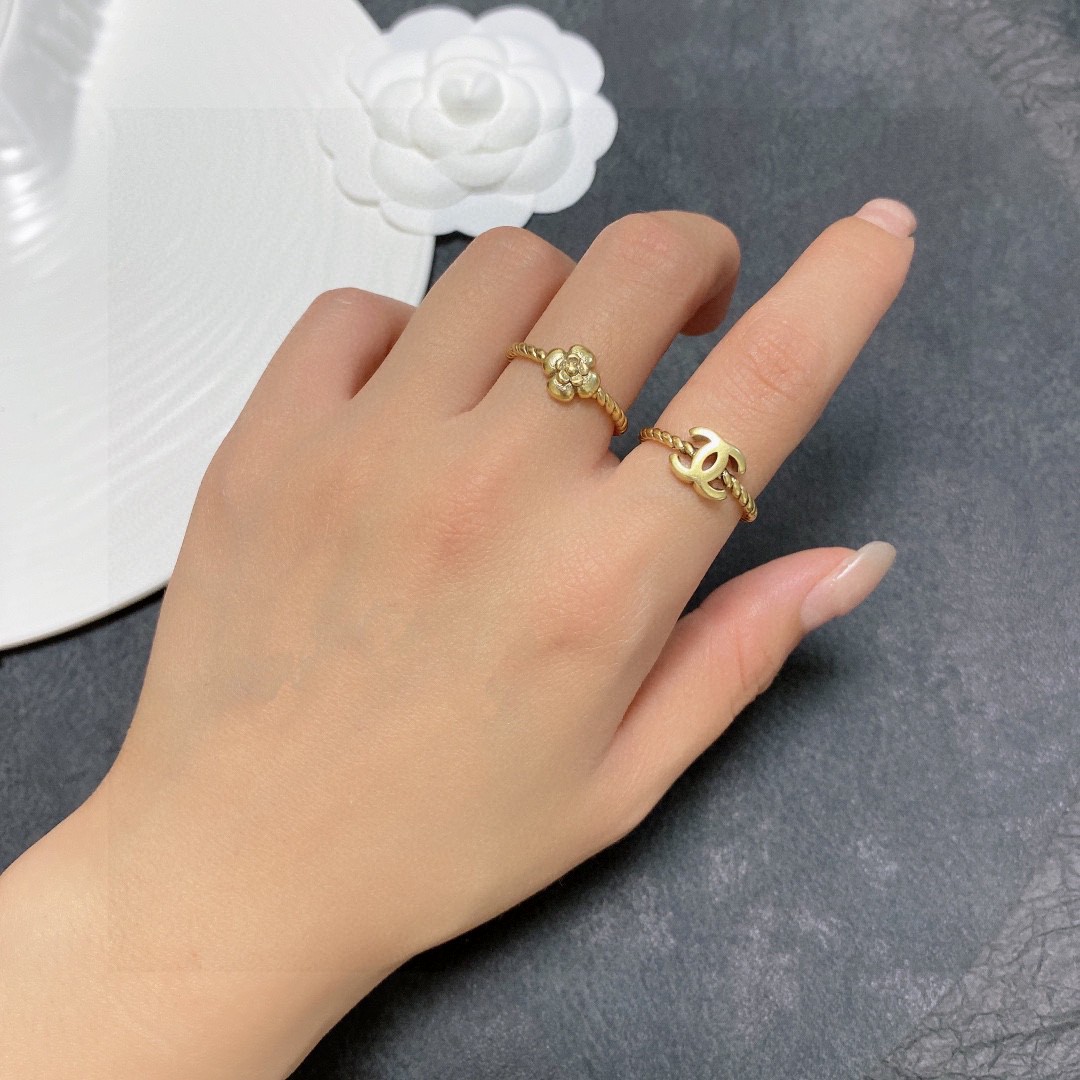 Chanel CC Camellia Twisted Open Ring Set ring antique gold tone metal adjustable open size