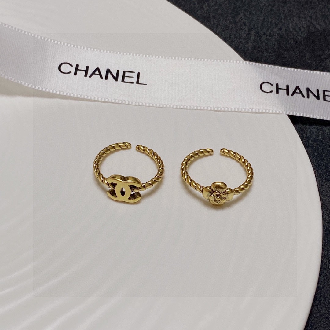 Chanel CC Camellia Twisted Open Ring Set ring antique gold tone metal adjustable open size