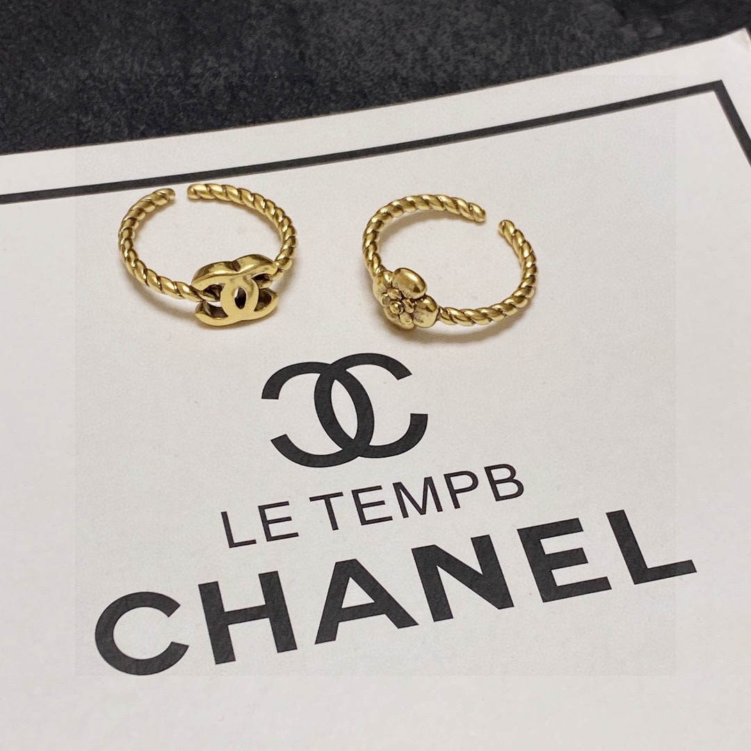 Chanel CC Camellia Twisted Open Ring Set ring antique gold tone metal adjustable open size