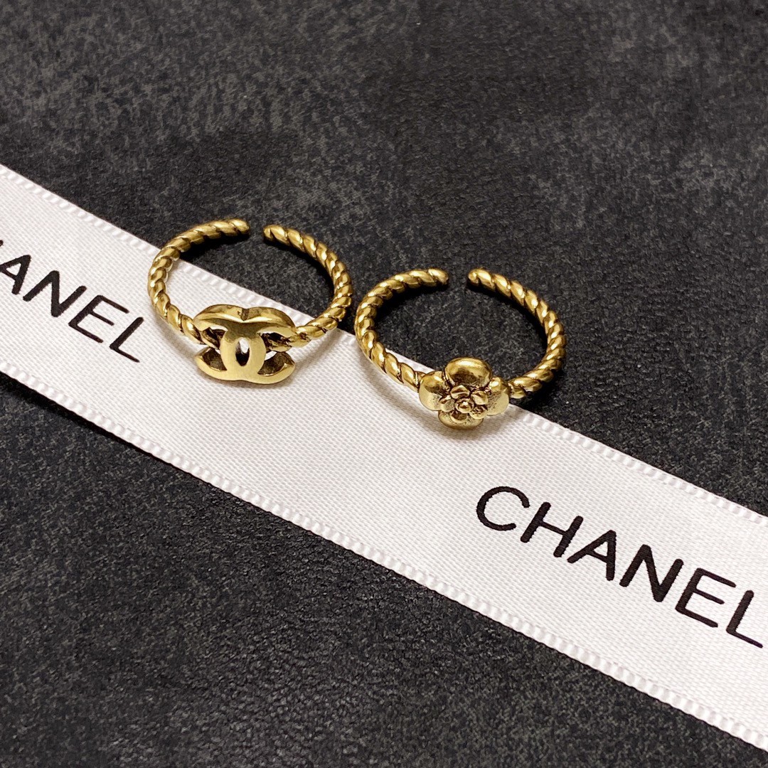 Chanel CC Camellia Twisted Open Ring Set ring antique gold tone metal adjustable open size