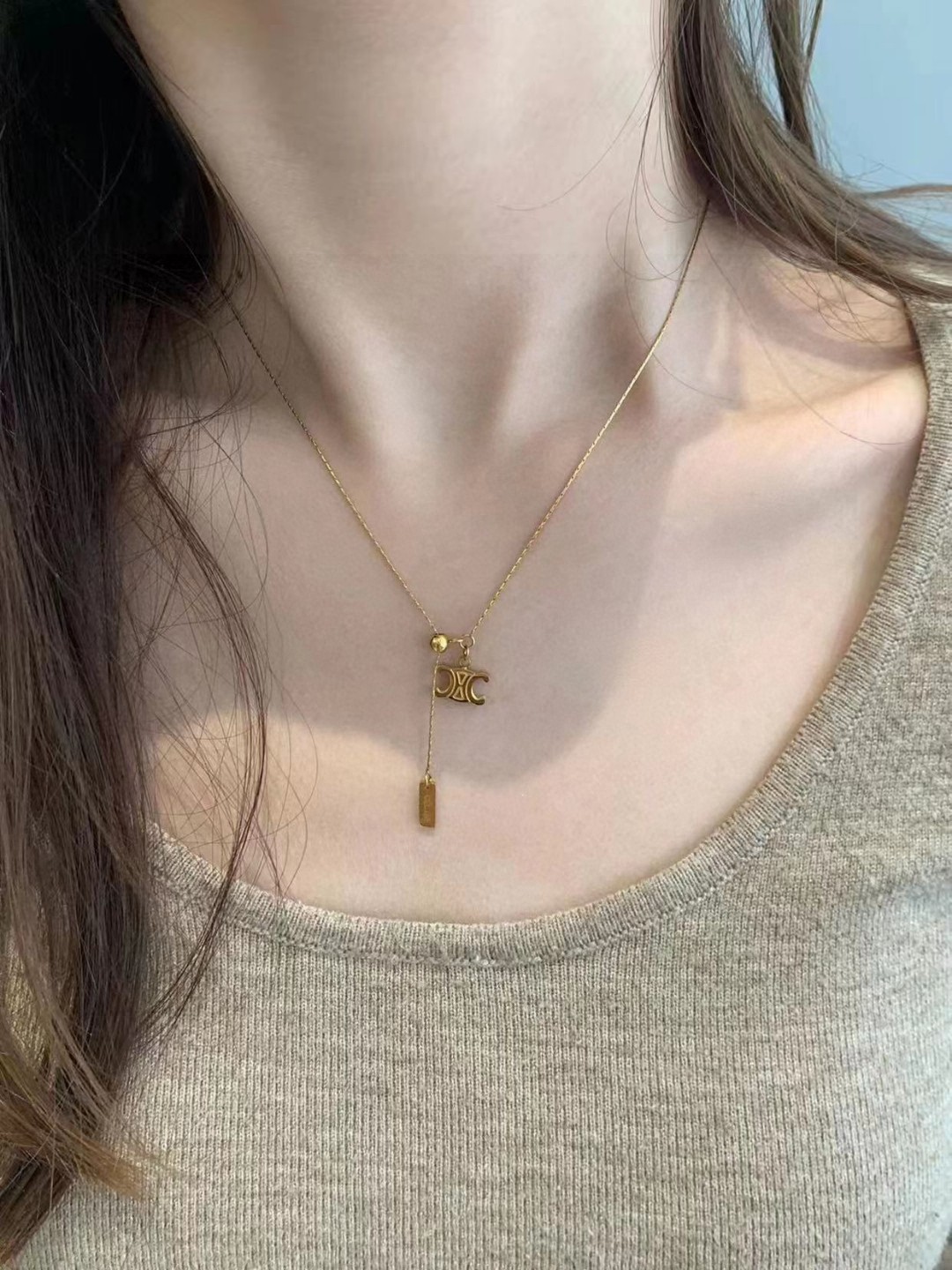 Celine Triomphe Lariat necklace gold-tone metal 40cm with 5cm extender