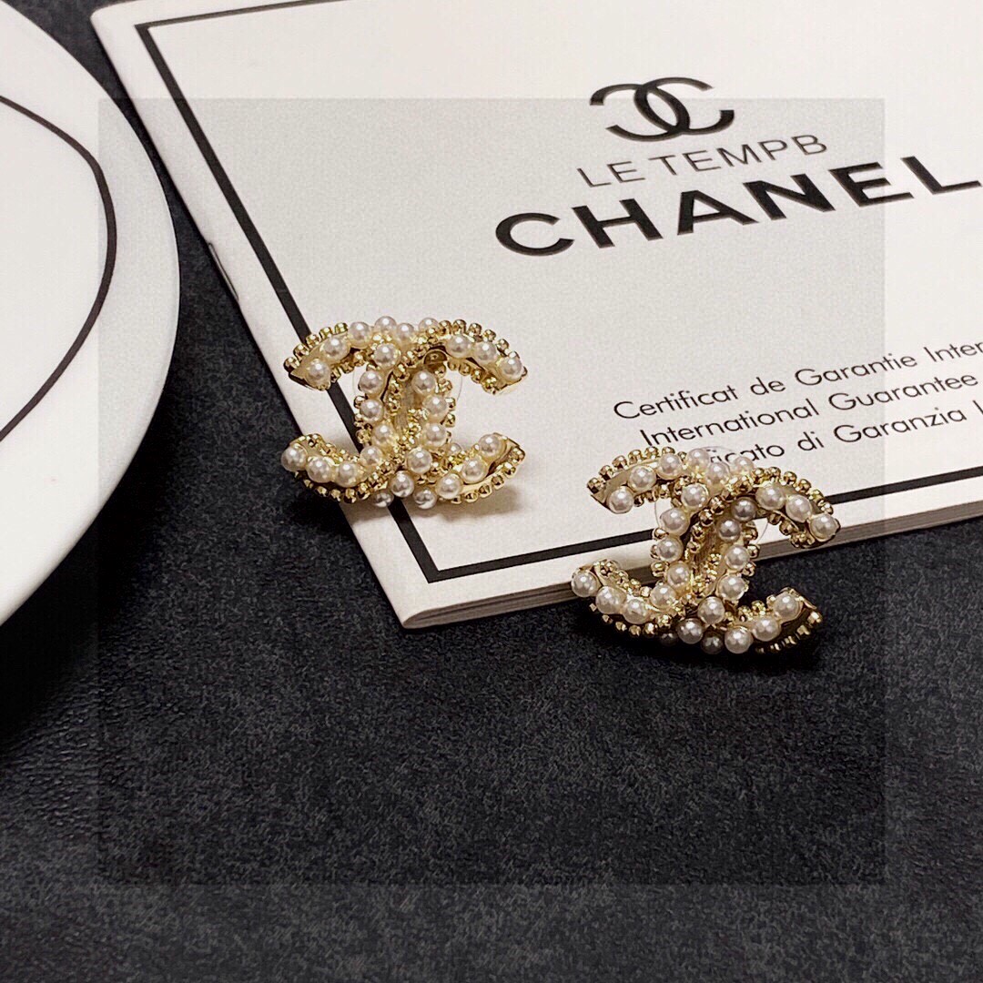 Chanel CC Logo Pearl Stud Earrings earrings gold-tone metal with white faux pearls 1 5cm width per earring