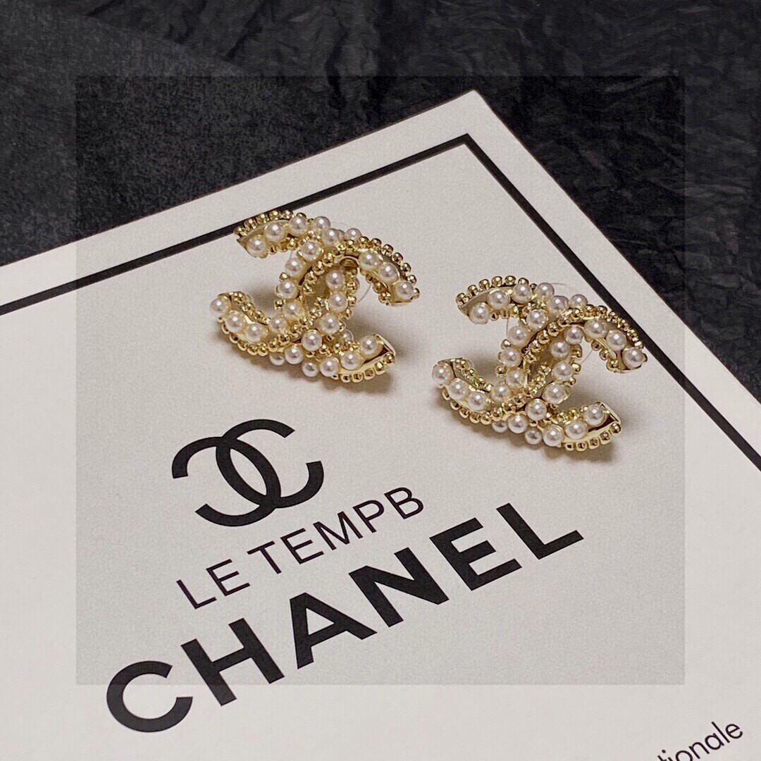 Chanel CC Logo Pearl Stud Earrings earrings gold-tone metal with white faux pearls 1 5cm width per earring