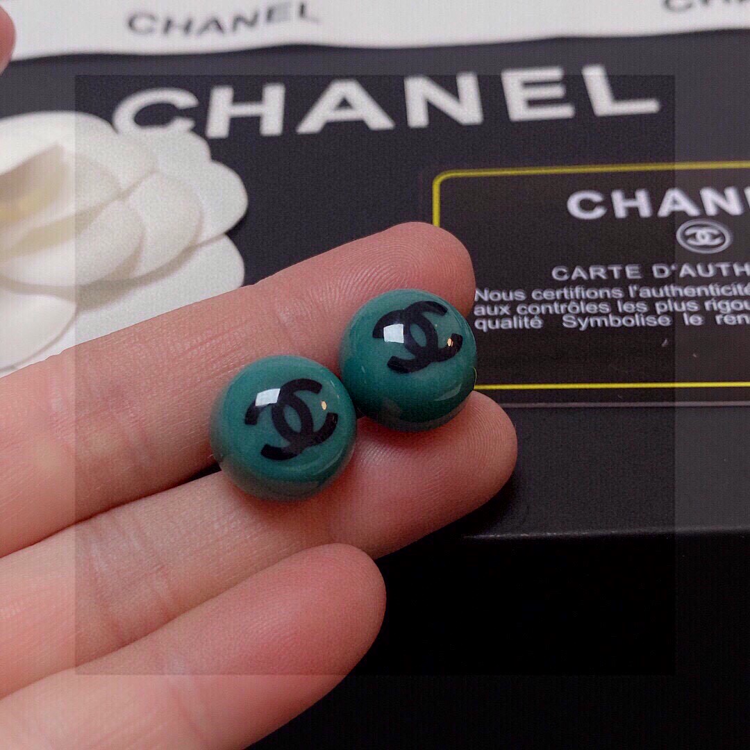 Chanel CC Logo Resin Ball Stud Earrings earrings Teal green resin with black interlocking CC logo gold-tone metal hardware 10mm diameter