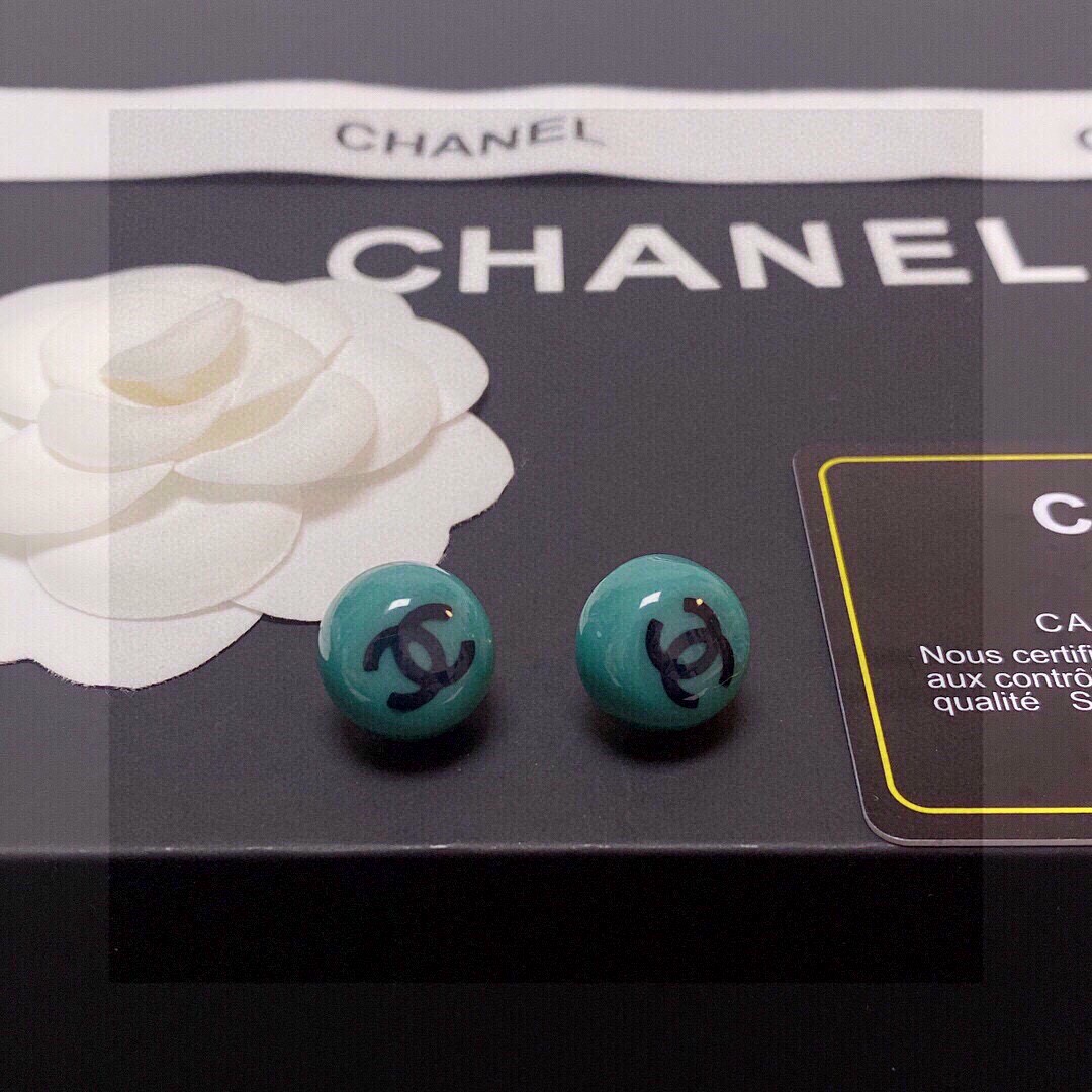 Chanel CC Logo Resin Ball Stud Earrings earrings Teal green resin with black interlocking CC logo gold-tone metal hardware 10mm diameter