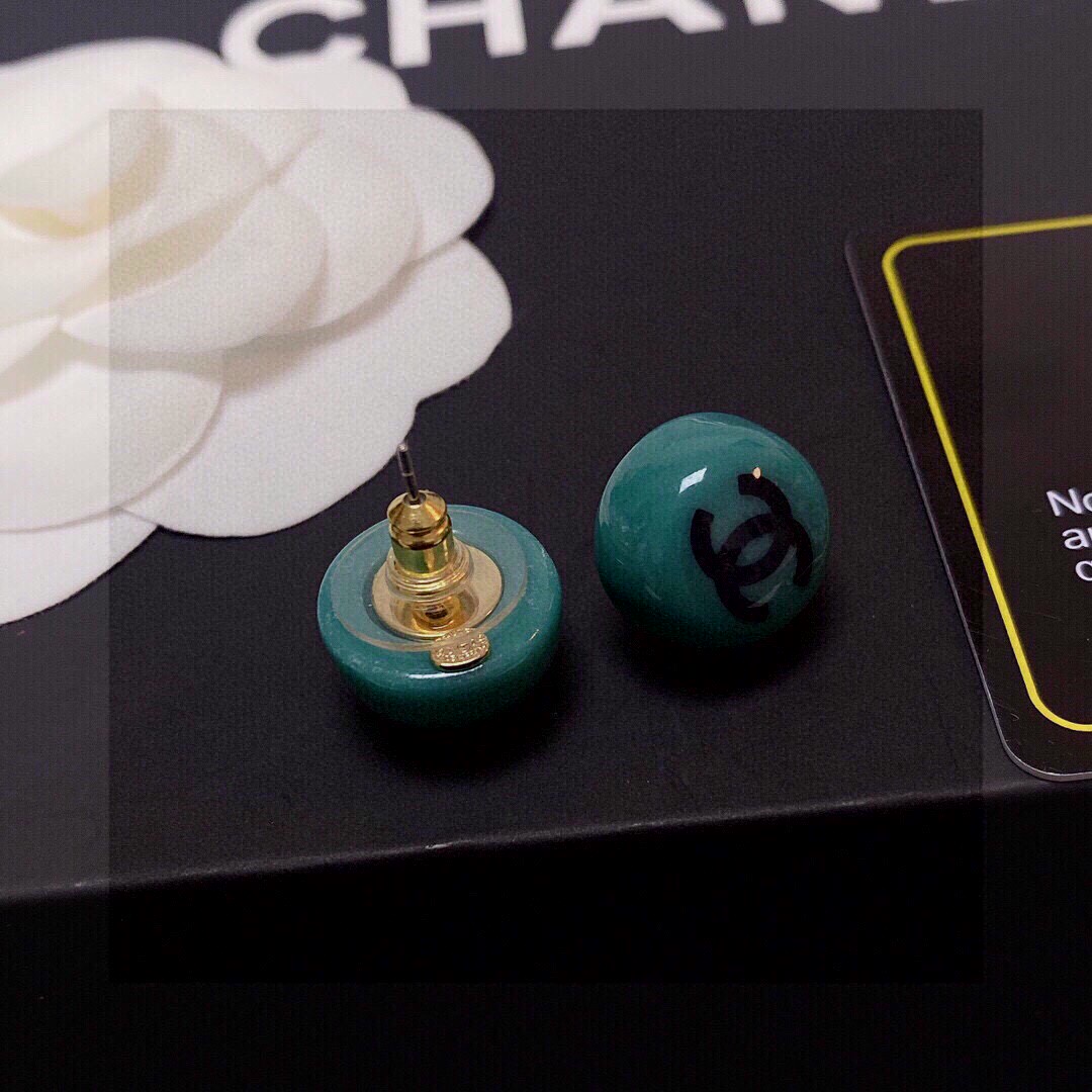 Chanel CC Logo Resin Ball Stud Earrings earrings Teal green resin with black interlocking CC logo gold-tone metal hardware 10mm diameter