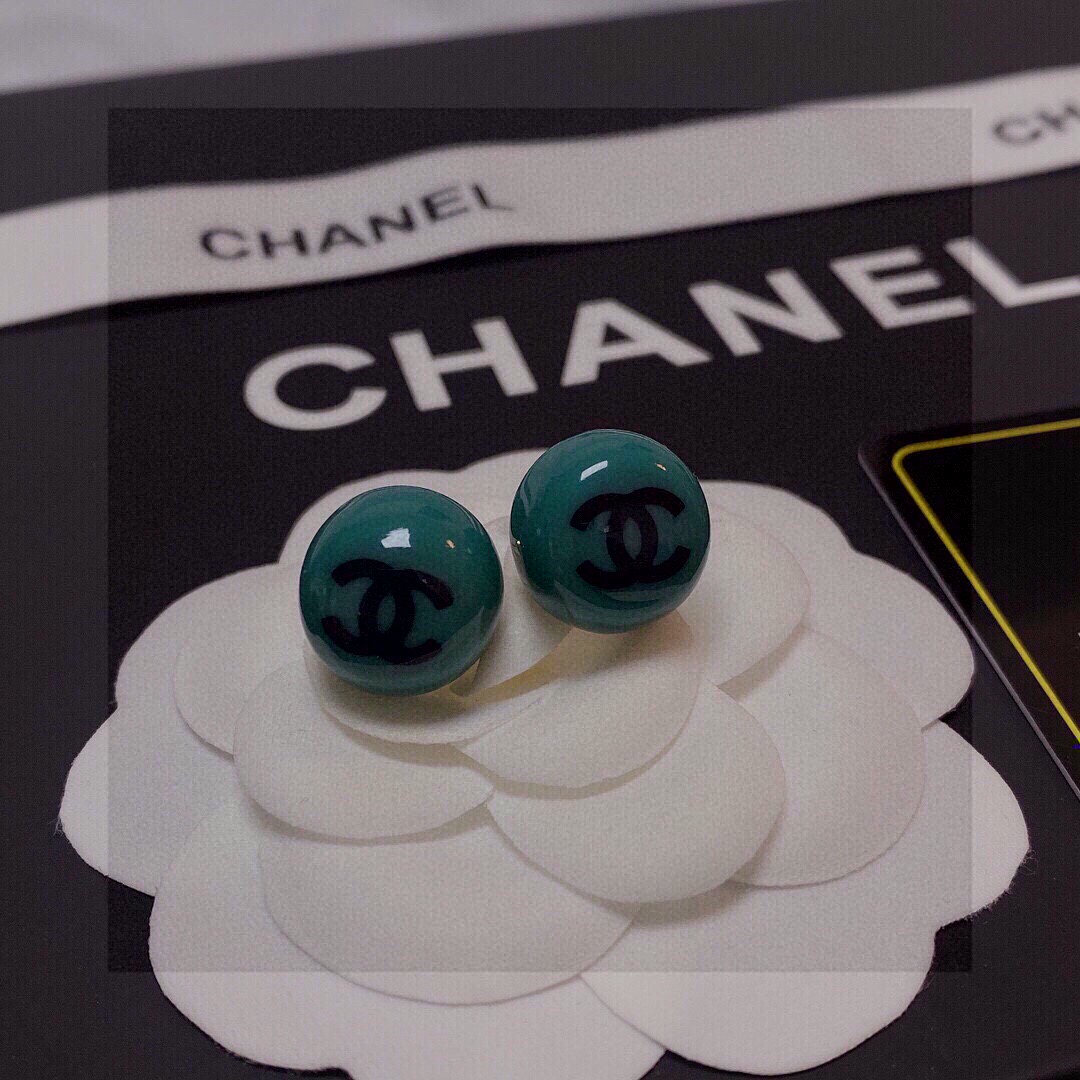 Chanel CC Logo Resin Ball Stud Earrings earrings Teal green resin with black interlocking CC logo gold-tone metal hardware 10mm diameter