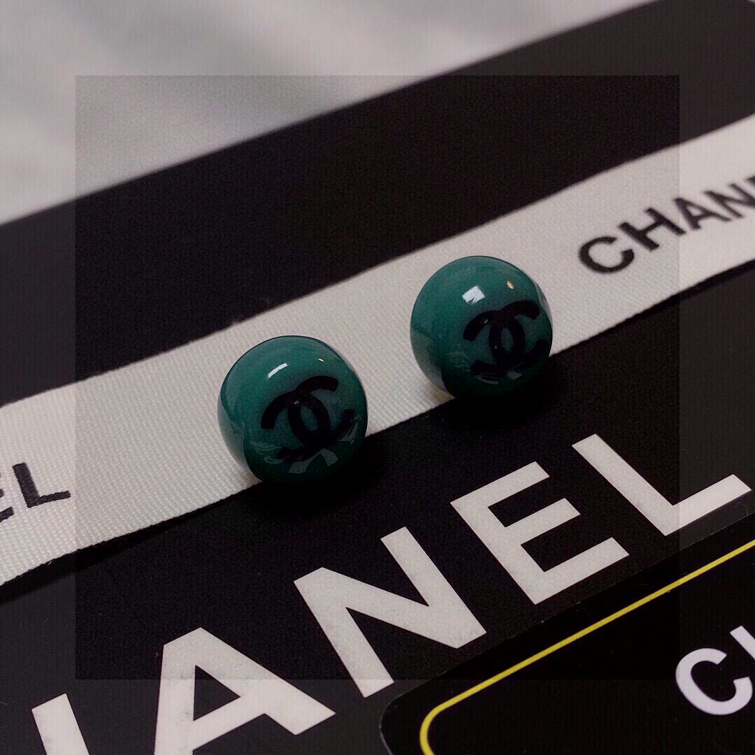 Chanel CC Logo Resin Ball Stud Earrings earrings Teal green resin with black interlocking CC logo gold-tone metal hardware 10mm diameter