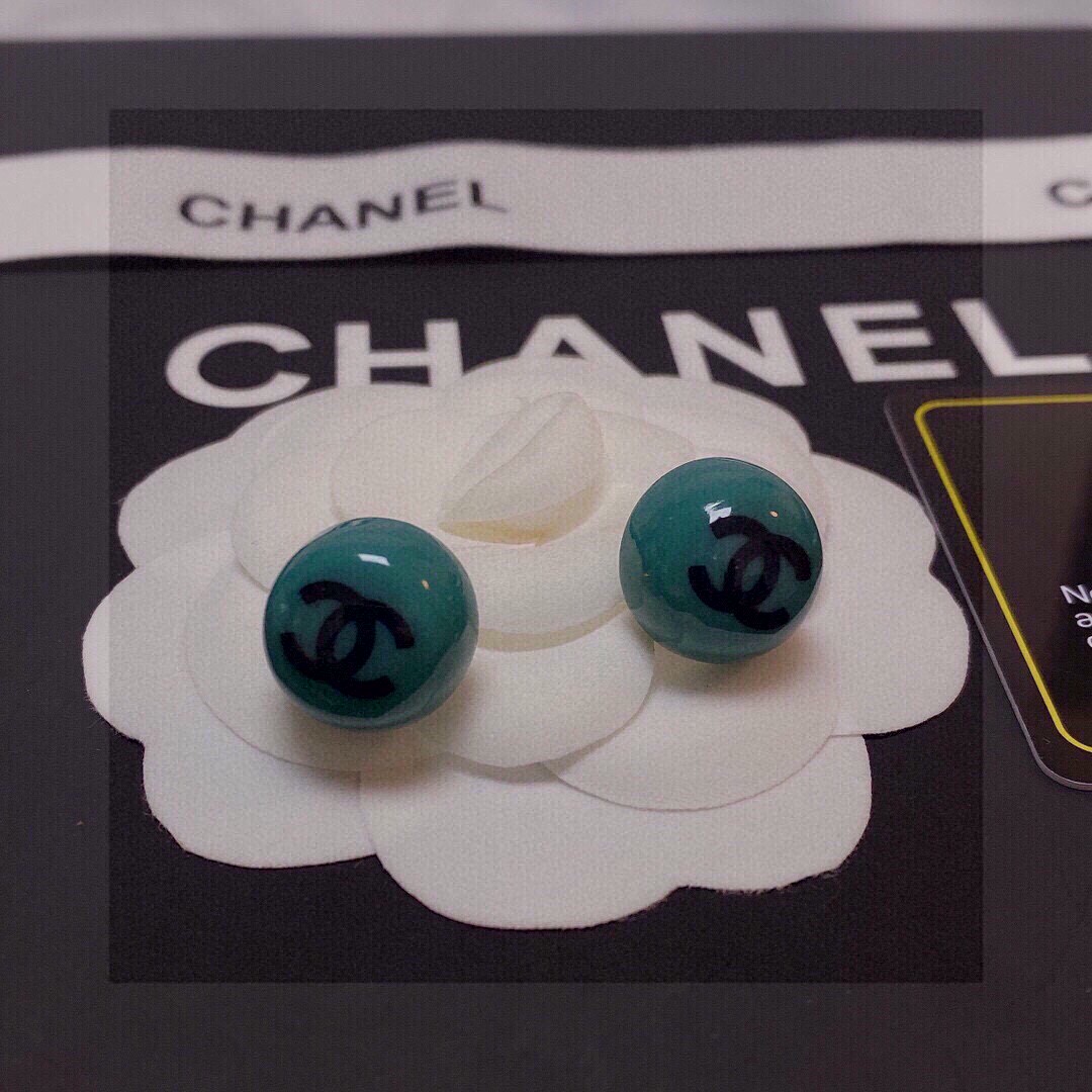 Chanel CC Logo Resin Ball Stud Earrings earrings Teal green resin with black interlocking CC logo gold-tone metal hardware 10mm diameter