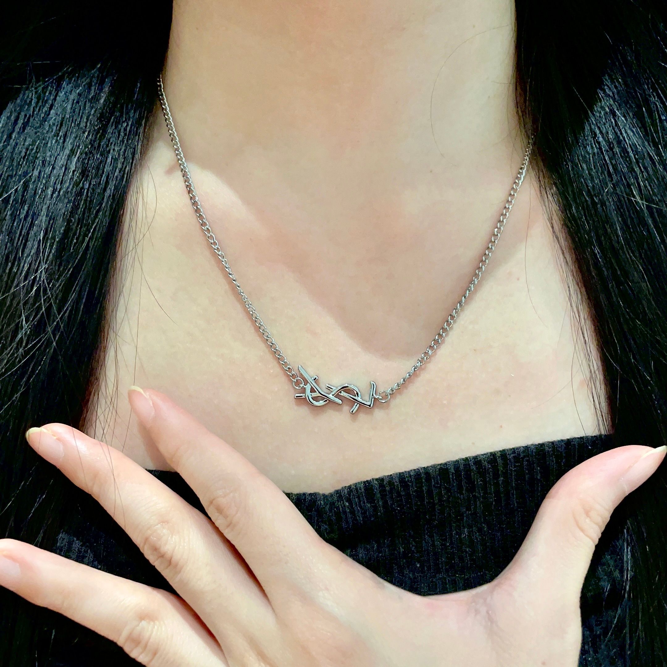 Saint Laurent Cassandre Monogram necklace silver metal 40cm