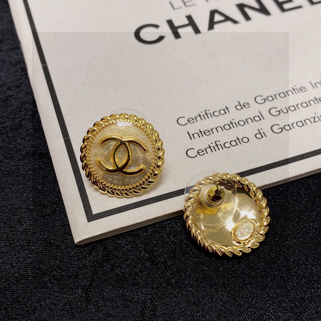Chanel CC Logo Round Rope Edge Stud Earrings earrings Gold-tone metal with two variants one with black enamel center one with glittered gold-tone resin center 1 8cm diameter