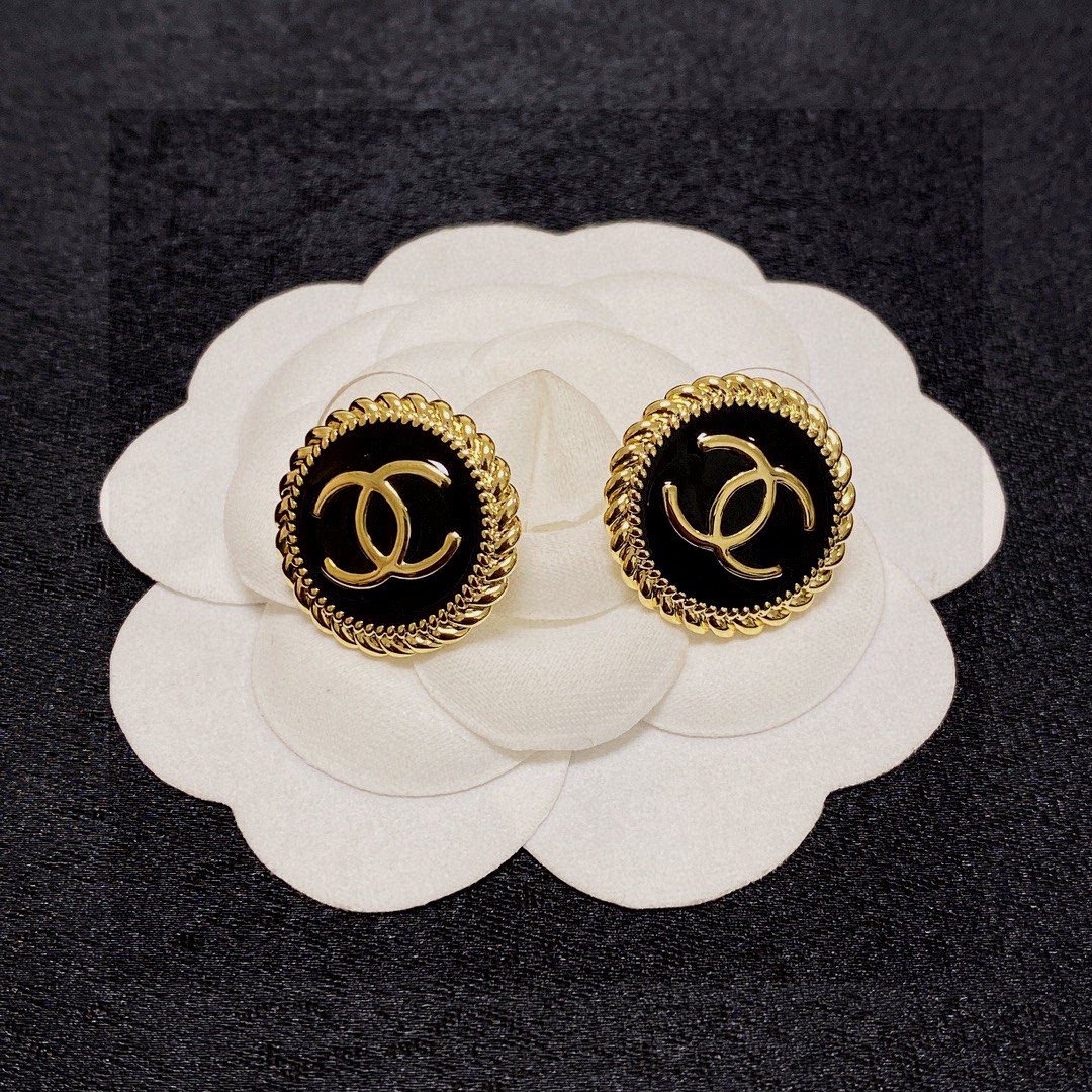 Chanel CC Logo Round Rope Edge Stud Earrings earrings Gold-tone metal with two variants one with black enamel center one with glittered gold-tone resin center 1 8cm diameter
