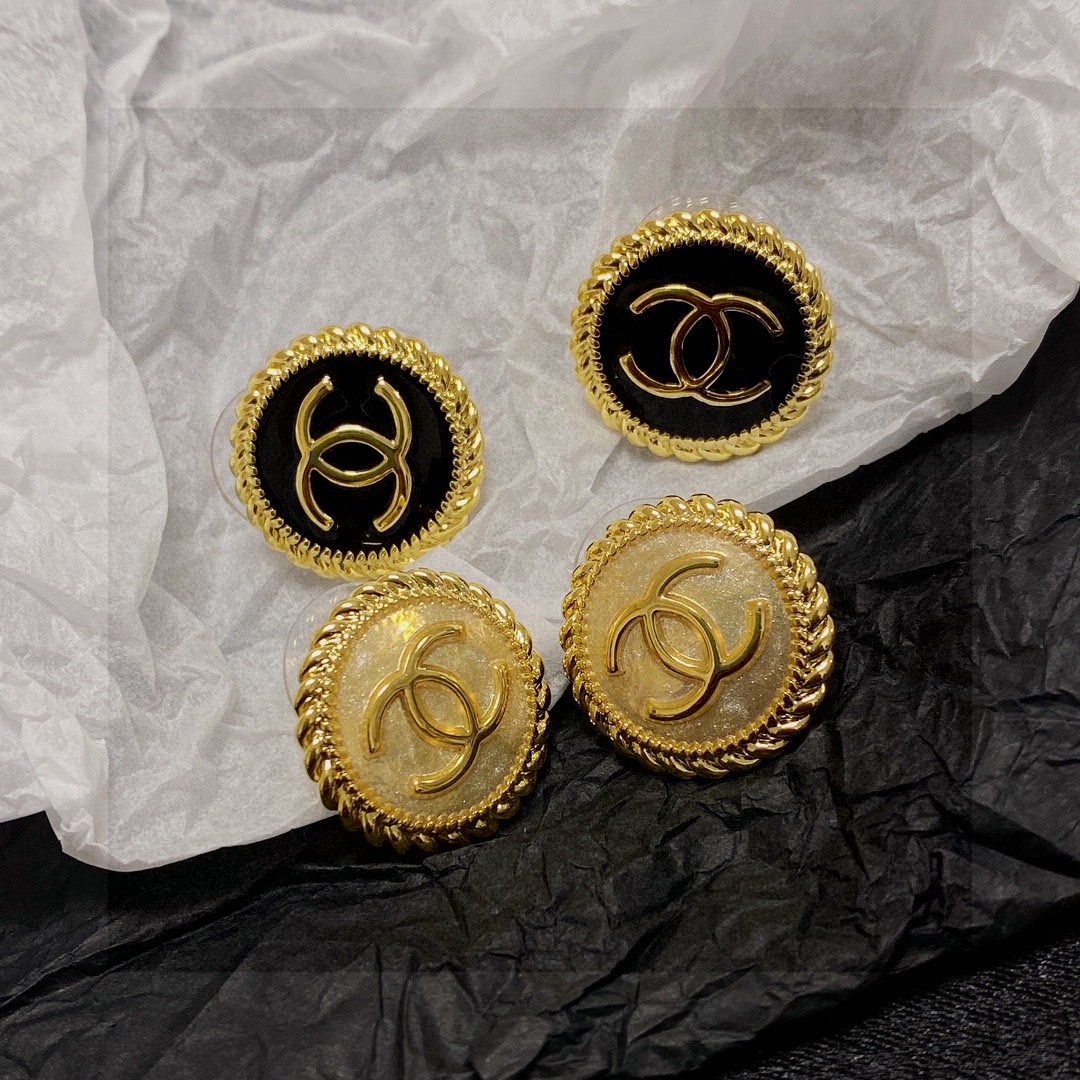 Chanel CC Logo Round Rope Edge Stud Earrings earrings Gold-tone metal with two variants one with black enamel center one with glittered gold-tone resin center 1 8cm diameter