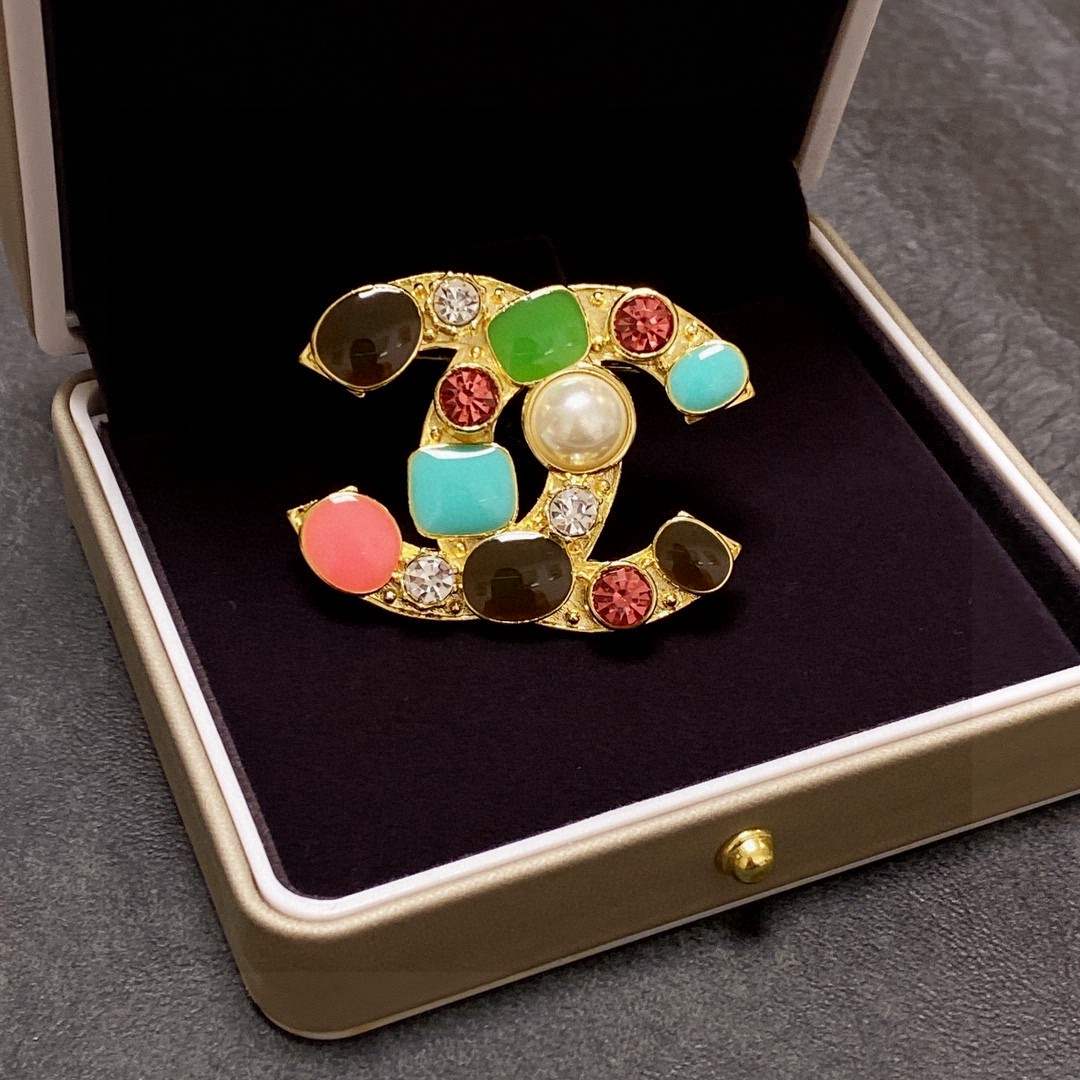 Chanel CC Logo Multicolor Gripoix Brooch brooch Gold-tone metal with multicolor resin stones black green turquoise coral pink ruby red clear crystals and white faux pearl 3 5cm width