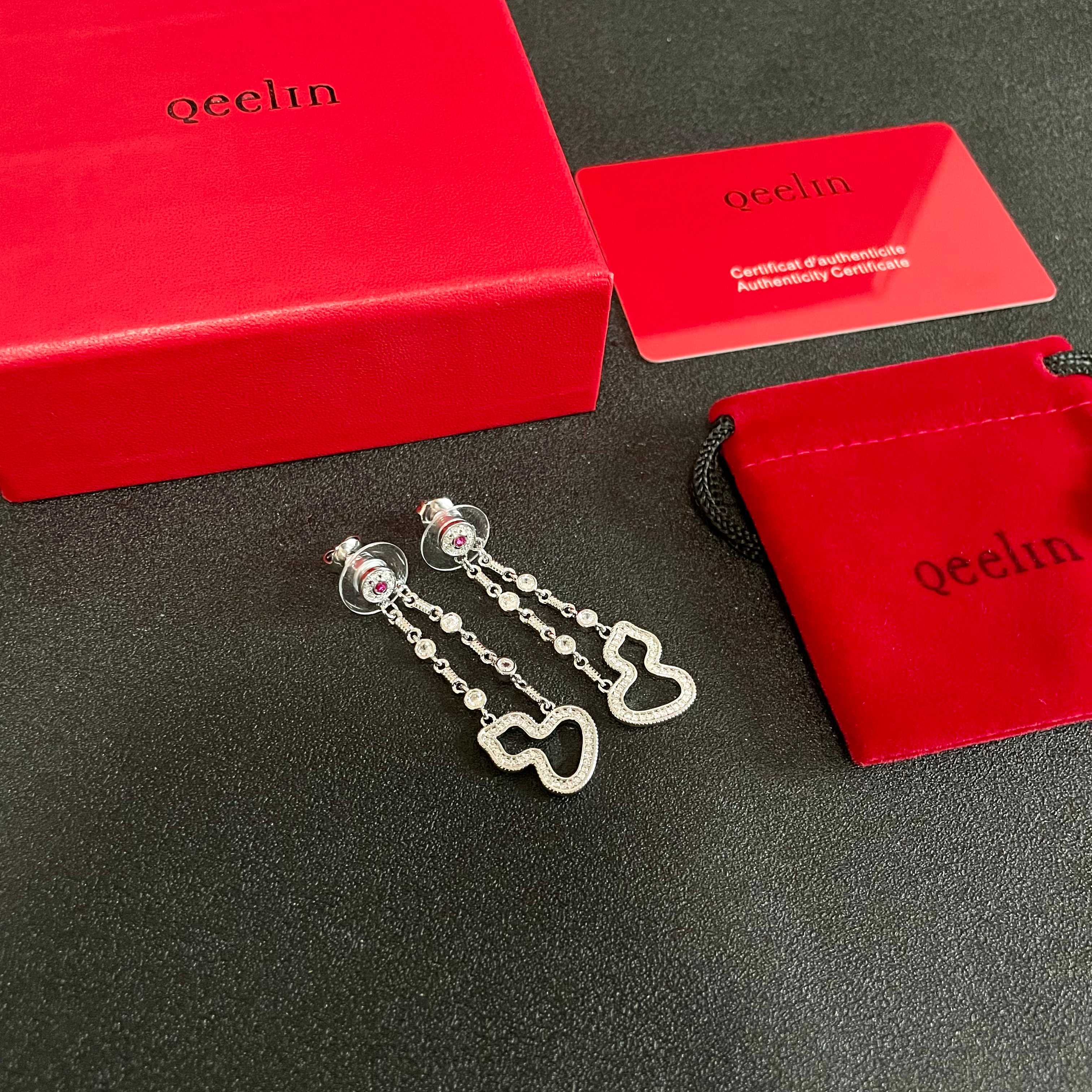 Qeelin Wulu earrings 18K white gold white diamonds pink ruby 3 5cm drop length