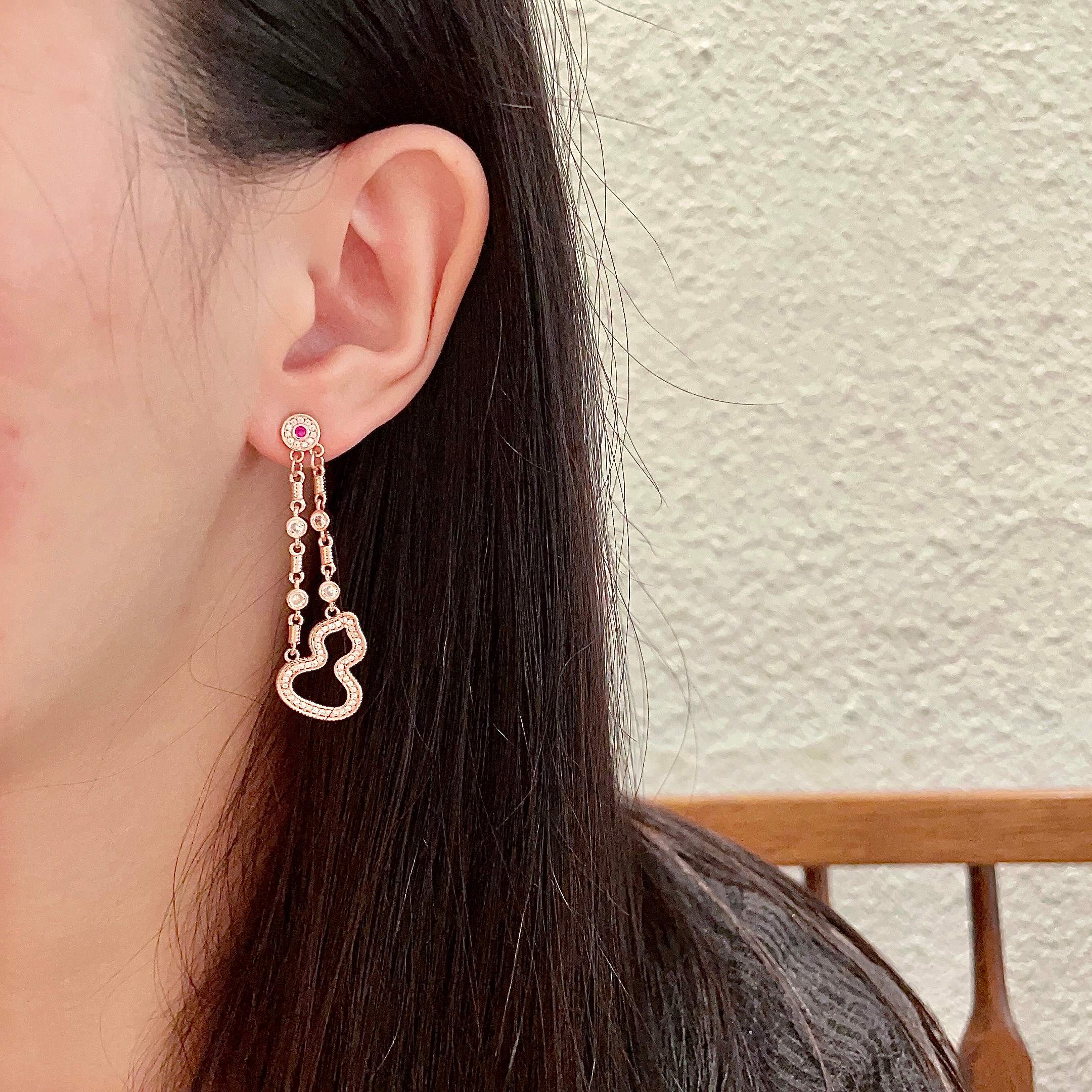 Qeelin Wulu earrings 18K rose gold white diamond ruby 3 5cm drop length