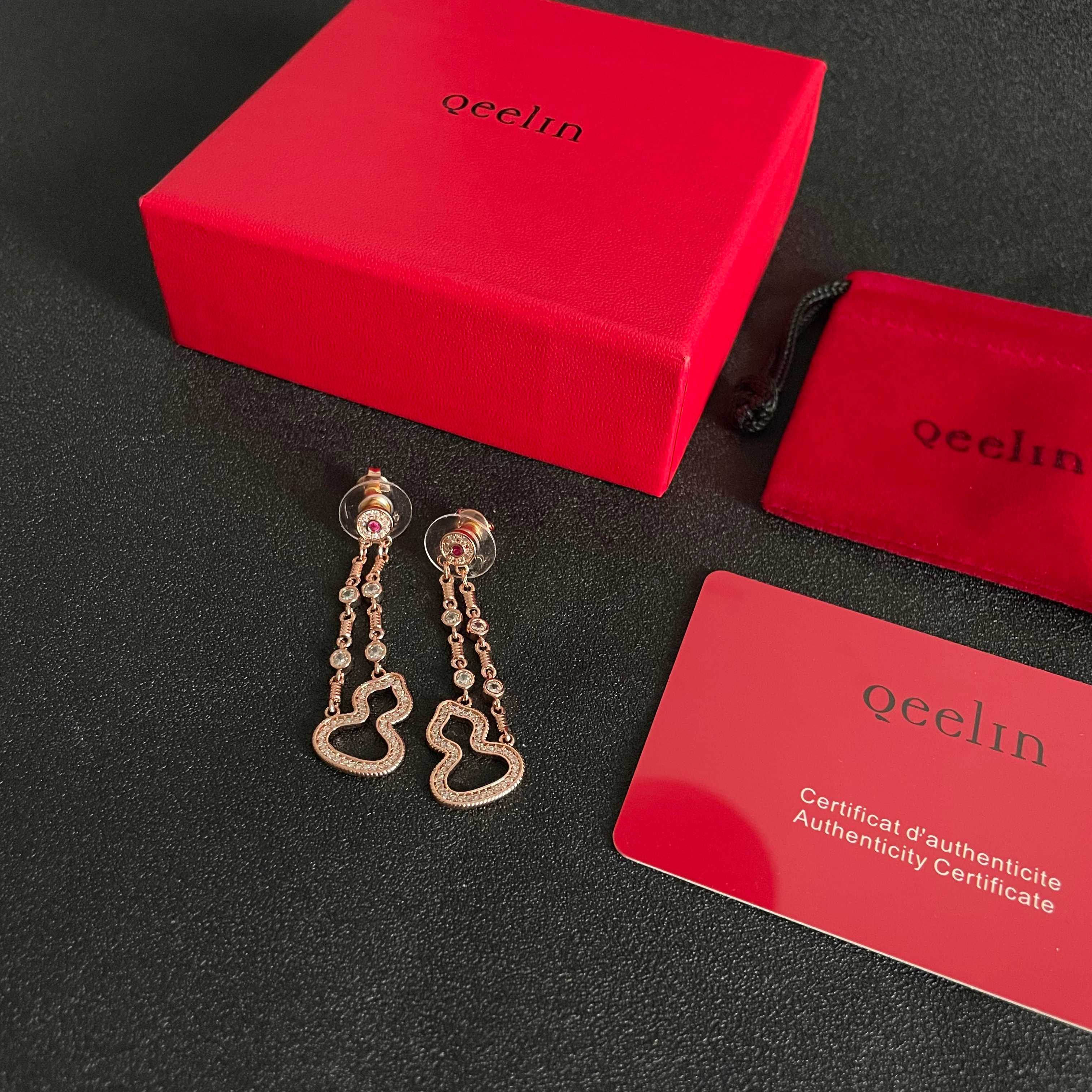 Qeelin Wulu earrings 18K rose gold white diamond ruby 3 5cm drop length