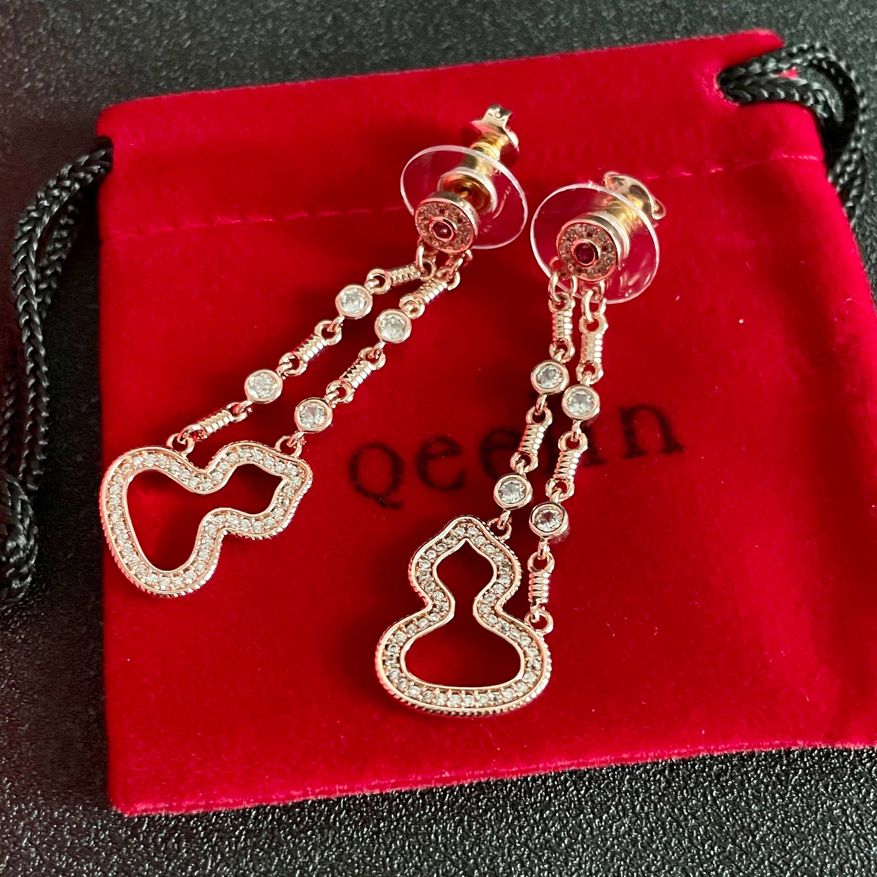 Qeelin Wulu earrings 18K rose gold white diamond ruby 3 5cm drop length