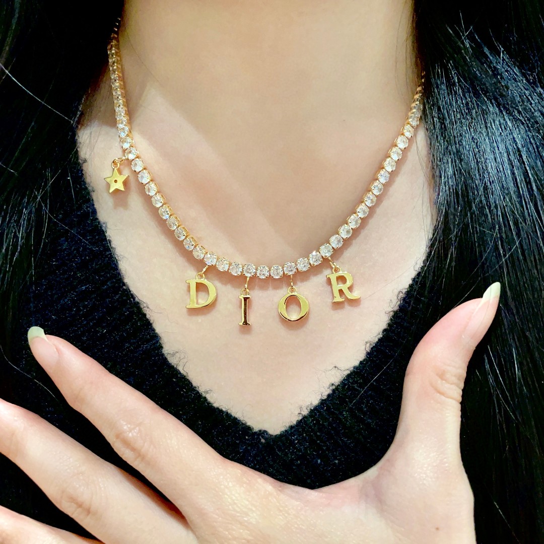 Dior Dio r evolution Crystal Letter Charm Choker necklace gold-tone metal with clear faceted crystals 40cm