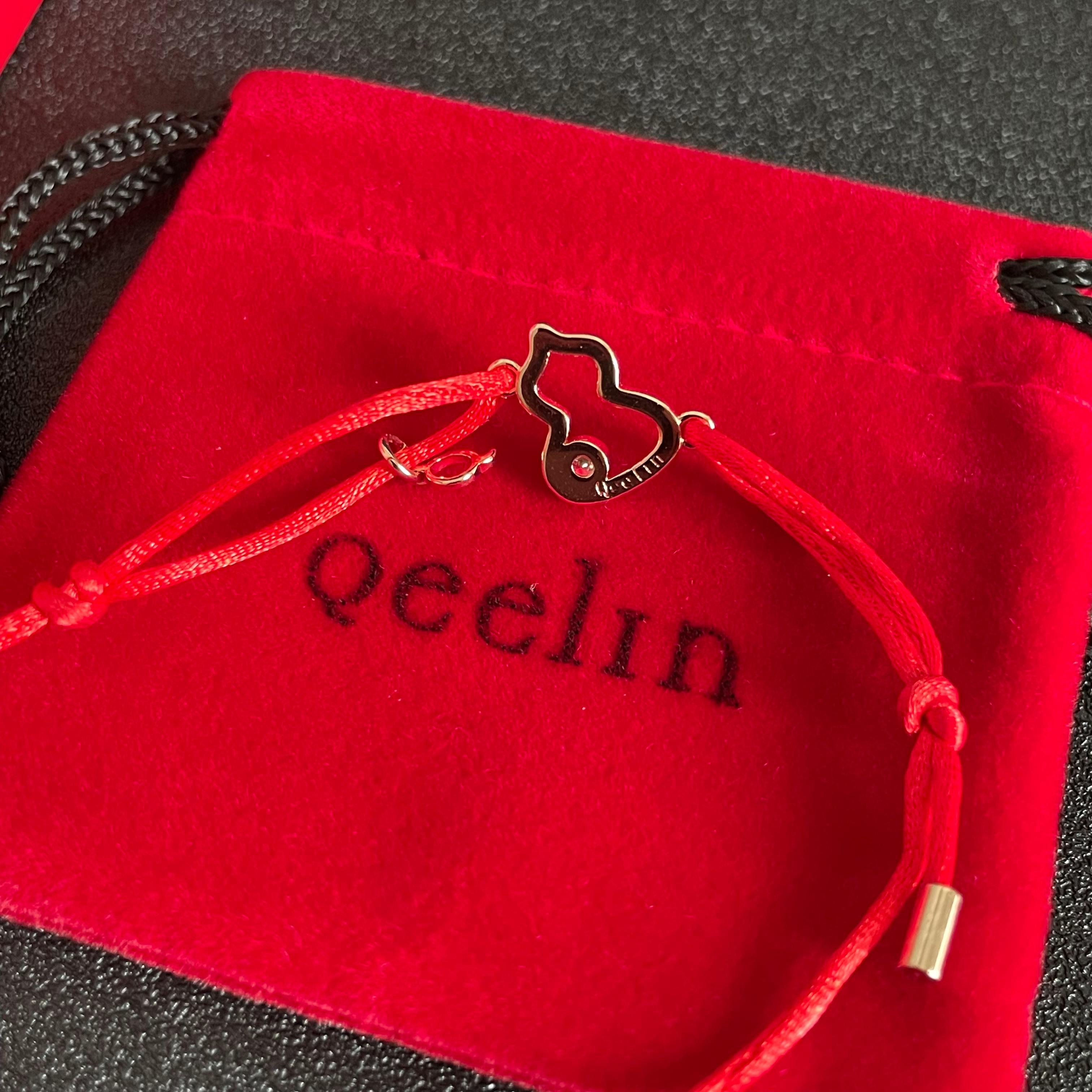 Qeelin Kirin Mini Gourd bracelet gold-toned metal clear diamond accent red cord adjustable sliding knot fits 15-19cm wrist