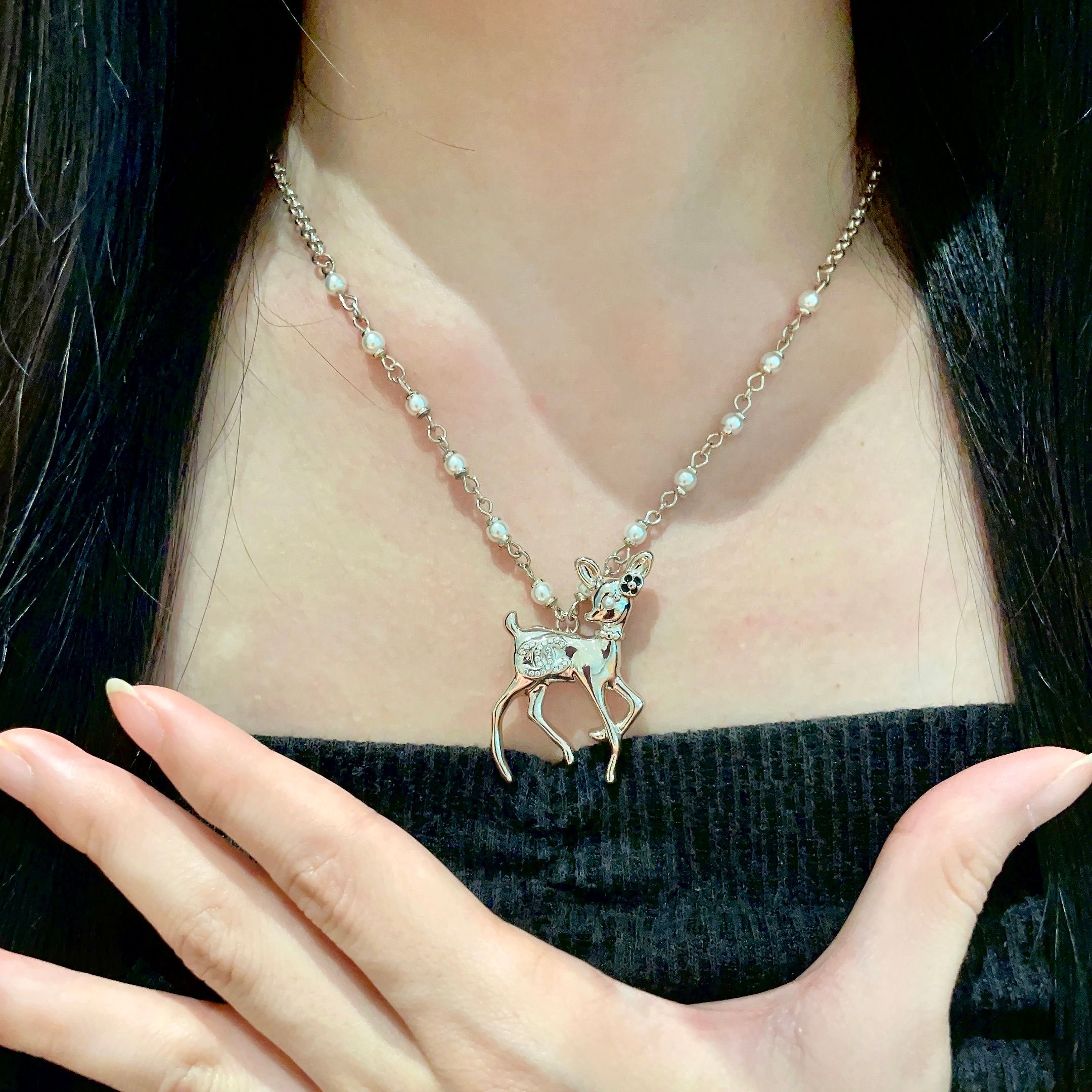 Chanel CC Logo Bambi Deer Pearl Pendant necklace Light gold-tone metal white faux pearls clear crystals black enamel accents 42cm