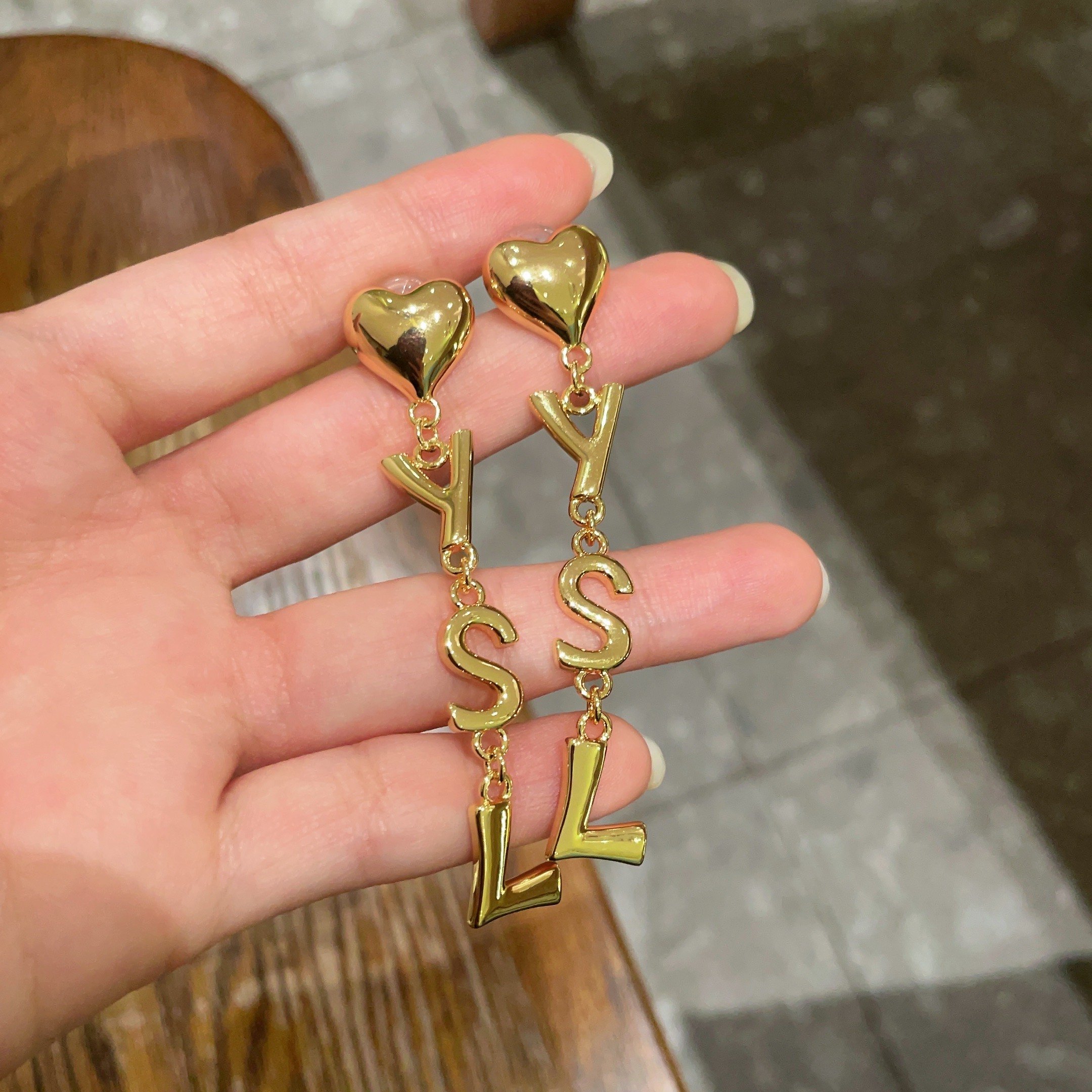Saint Laurent YSL Heart Letter Drop earrings gold-tone metal 6cm drop length