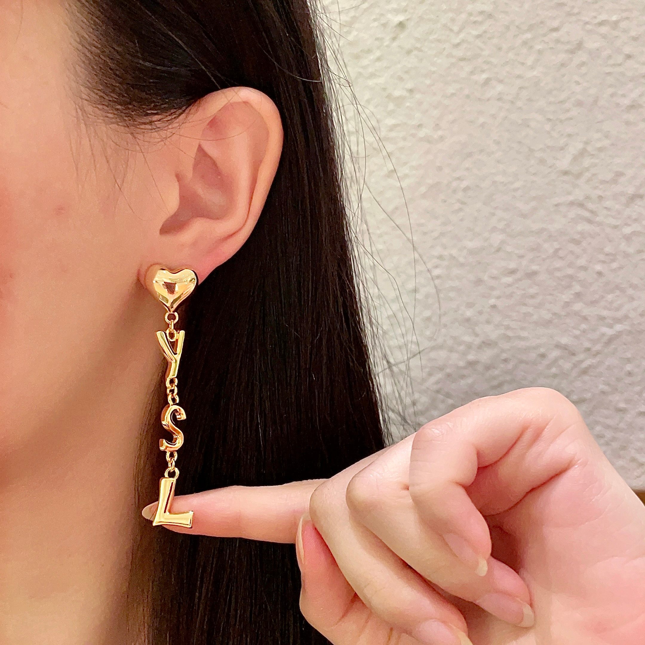 Saint Laurent YSL Heart Letter Drop earrings gold-tone metal 6cm drop length