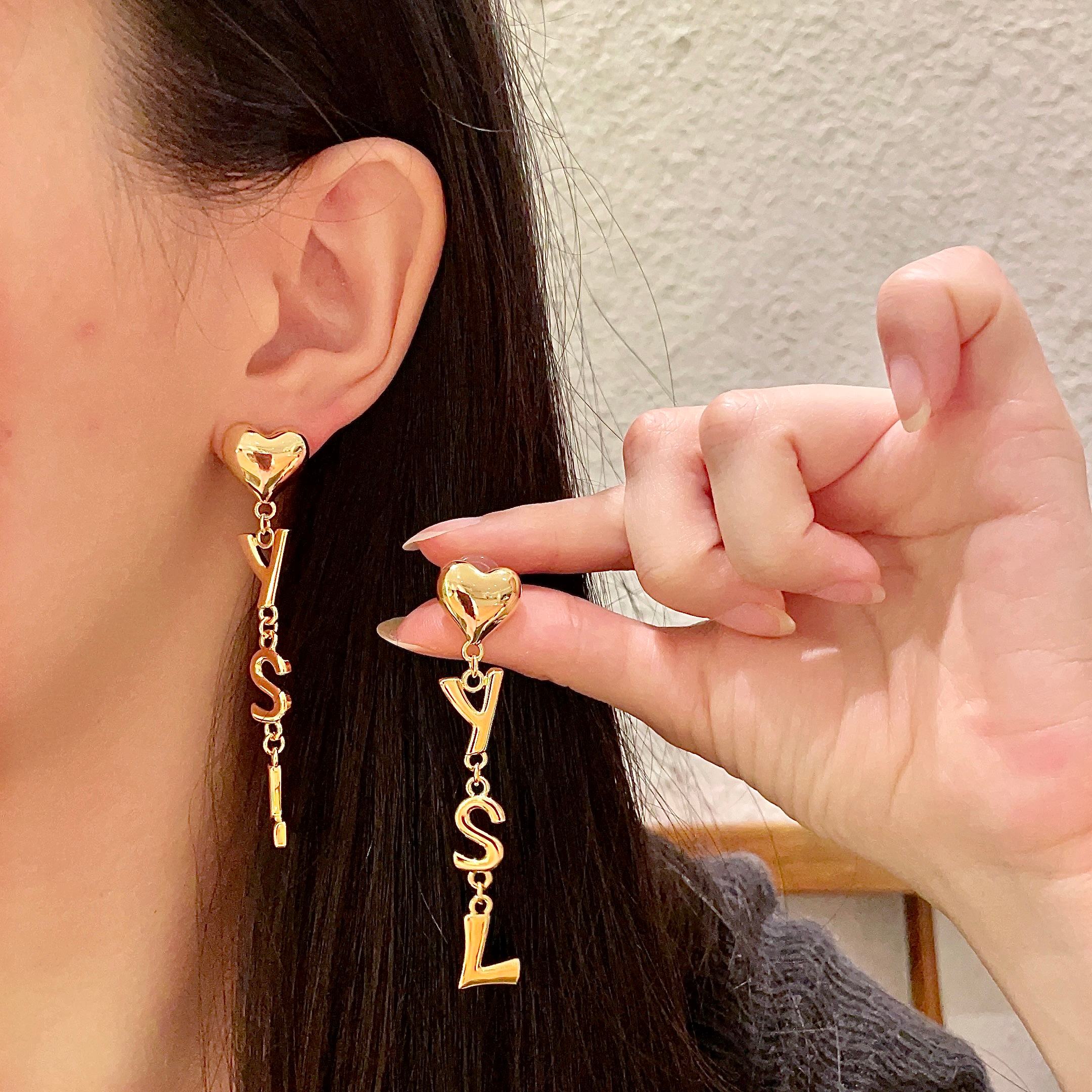 Saint Laurent YSL Heart Letter Drop earrings gold-tone metal 6cm drop length