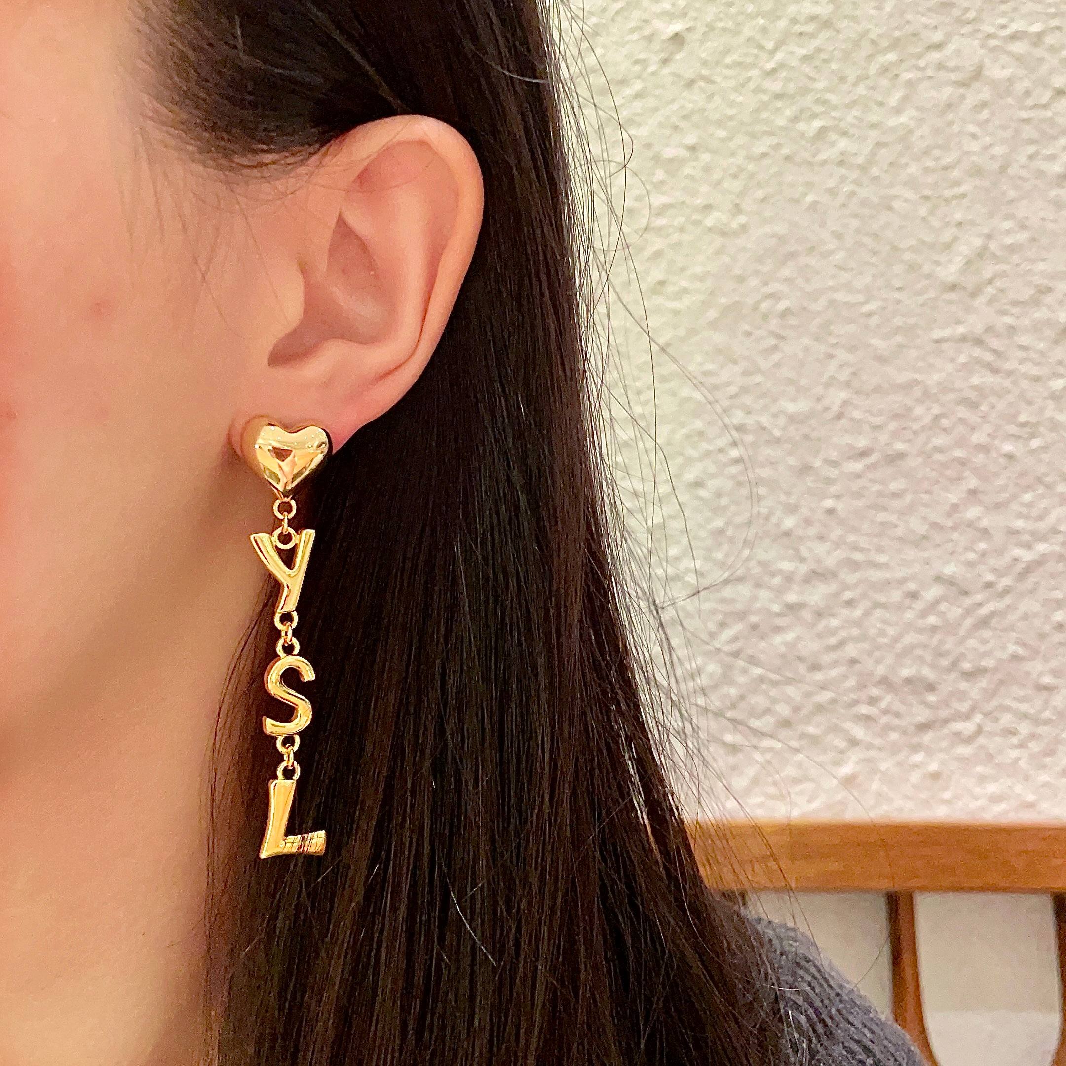 Saint Laurent YSL Heart Letter Drop earrings gold-tone metal 6cm drop length