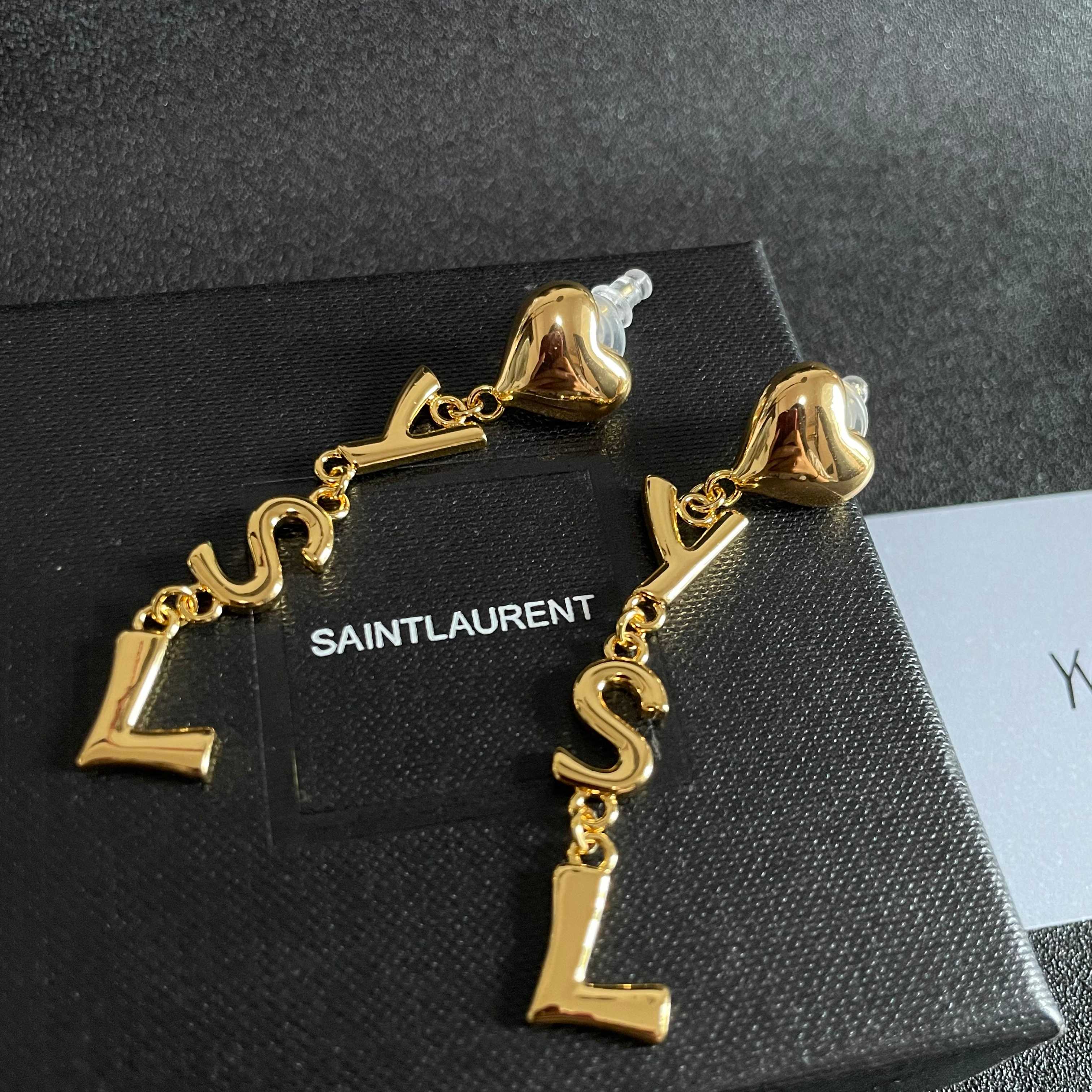 Saint Laurent YSL Heart Letter Drop earrings gold-tone metal 6cm drop length