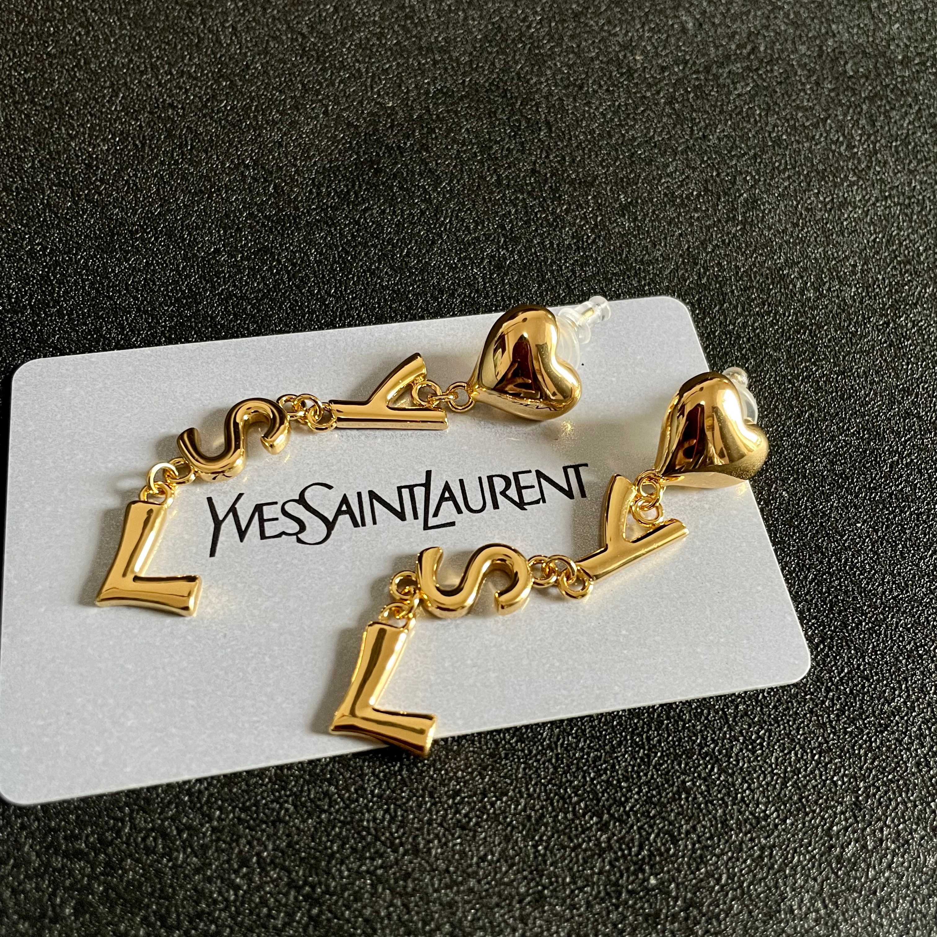 Saint Laurent YSL Heart Letter Drop earrings gold-tone metal 6cm drop length