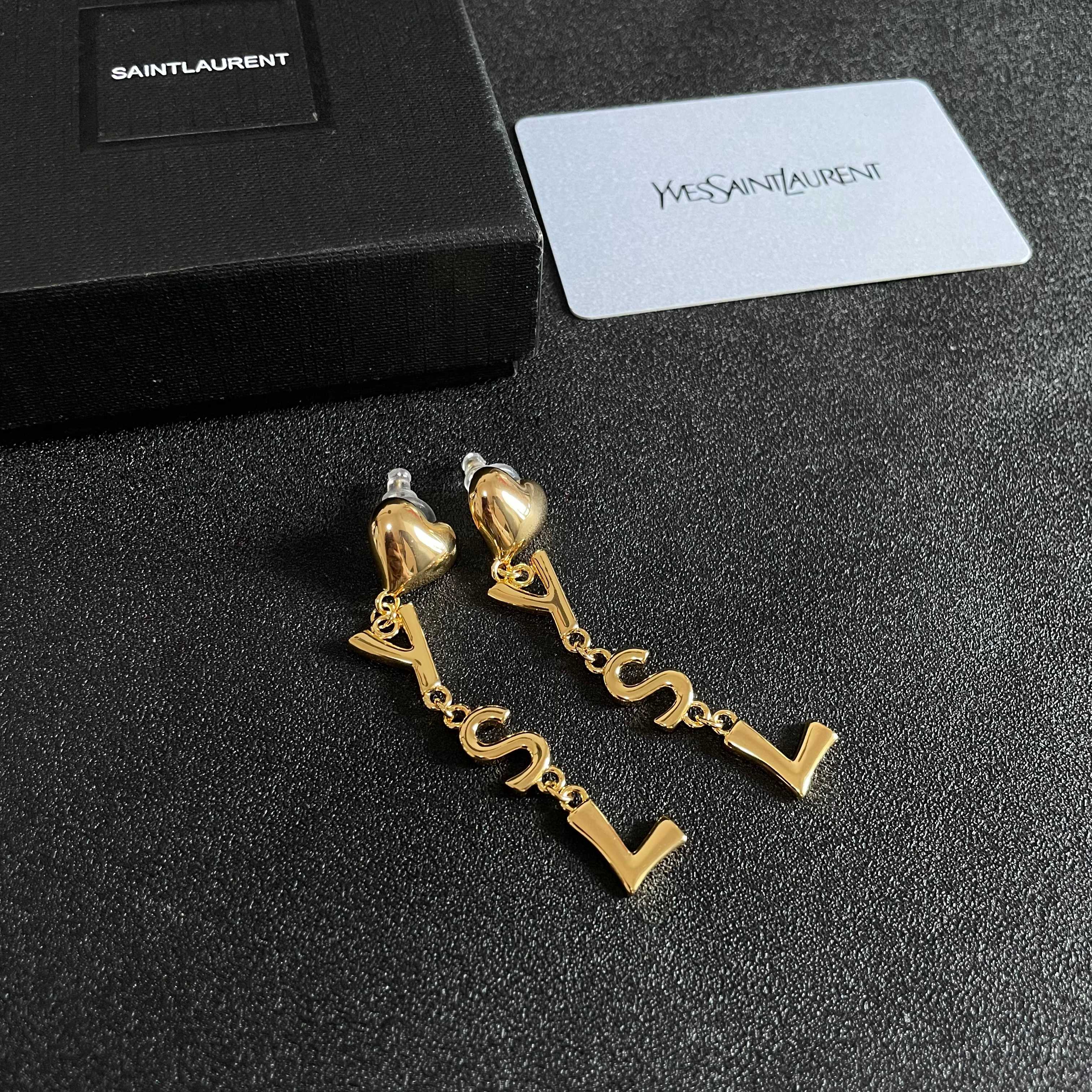Saint Laurent YSL Heart Letter Drop earrings gold-tone metal 6cm drop length