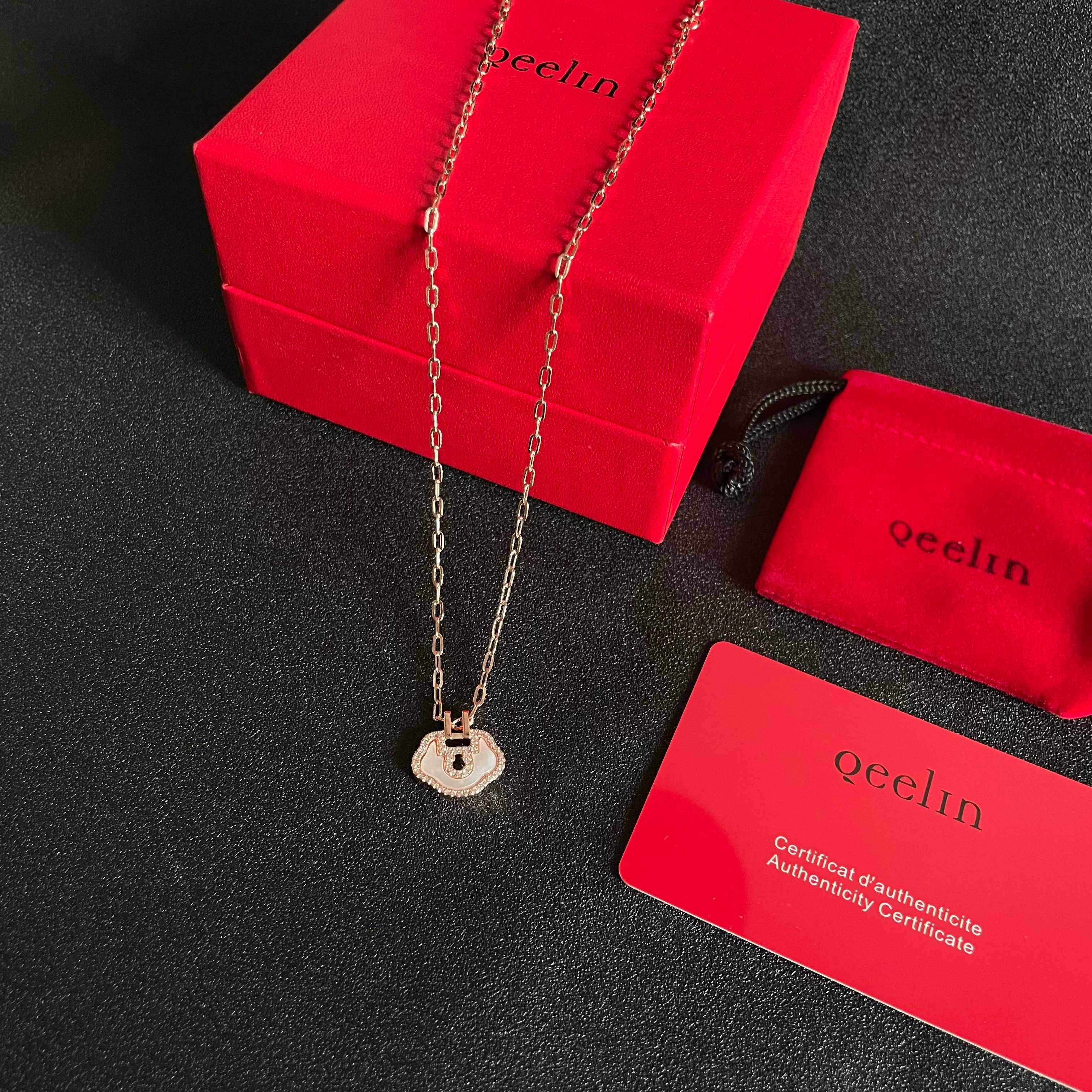 Qeelin Kirin mini Ruyi necklace Rose gold plated metal white mother-of-pearl clear high-carbon diamonds 42cm