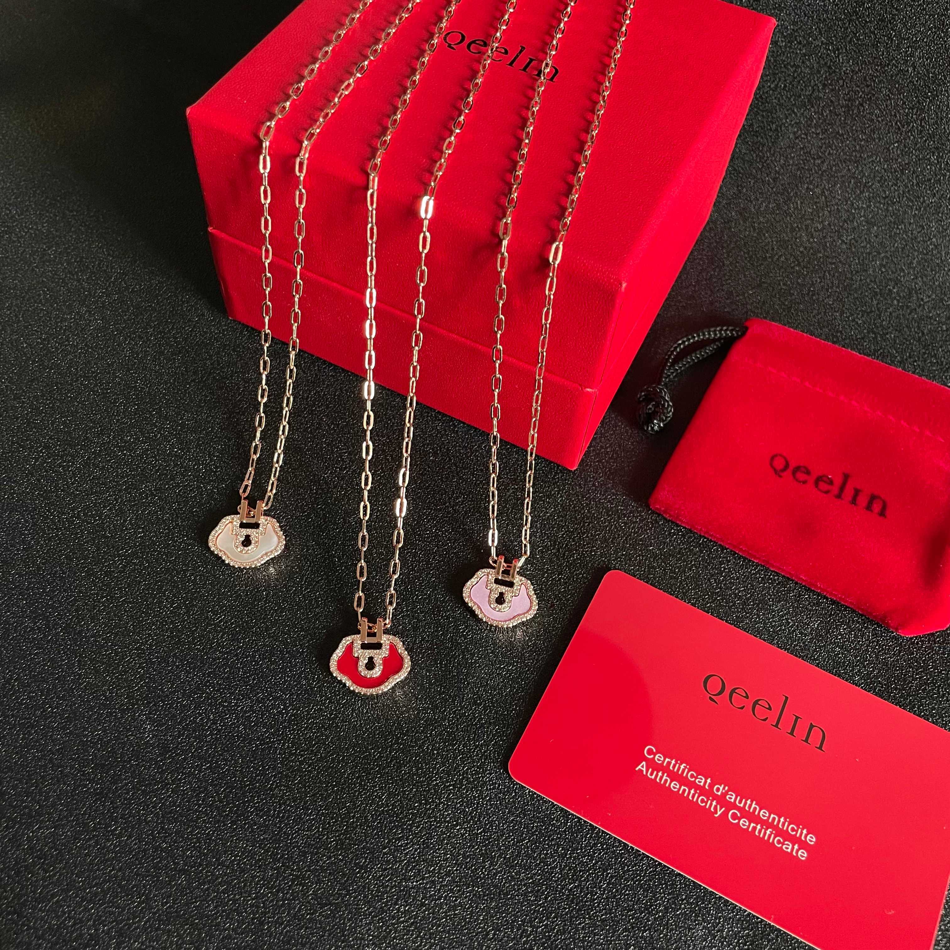 Qeelin Yu Yi Mini Ruyi necklace Rose gold metal red enamel clear diamond accents 42cm