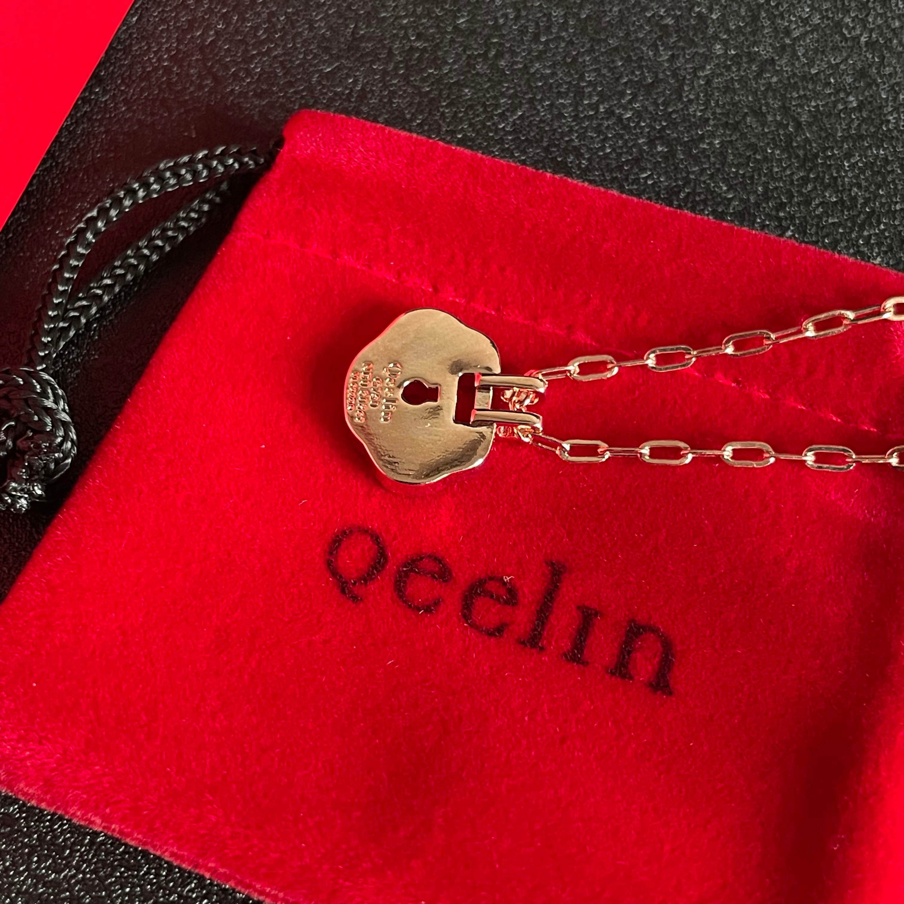 Qeelin Yu Yi Mini Ruyi Lock necklace Rose gold metal light pink enamel clear diamond accents 42cm