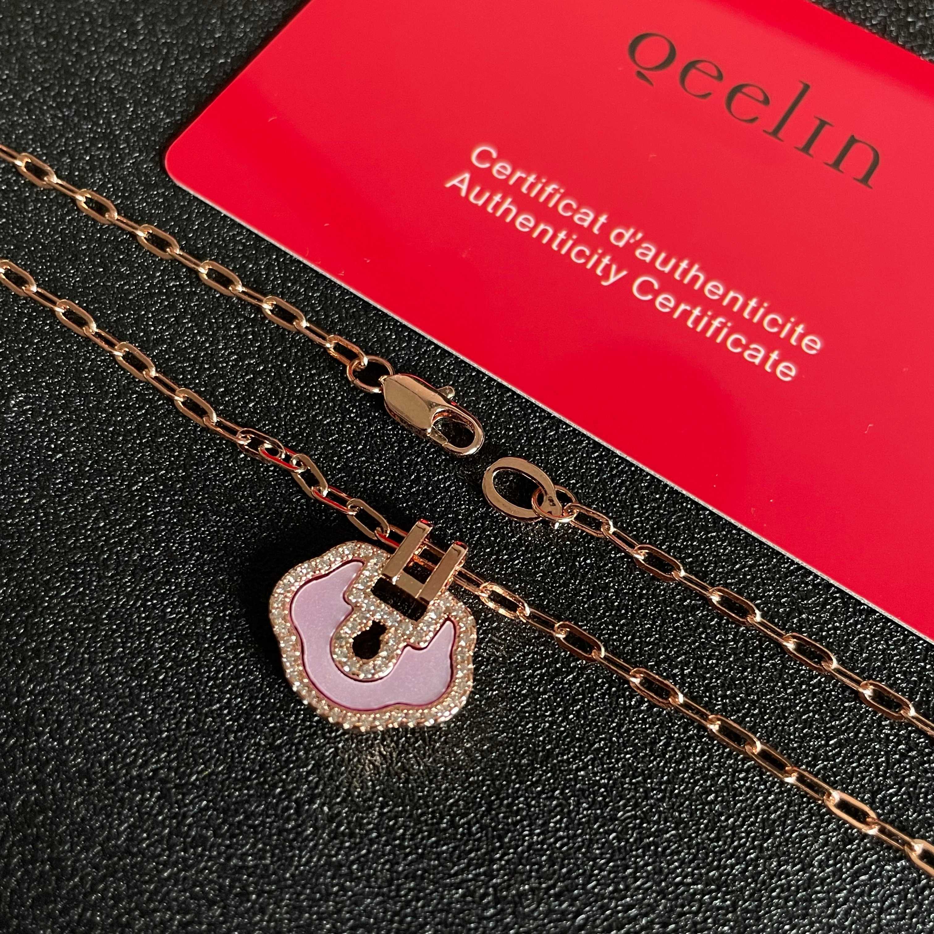 Qeelin Yu Yi Mini Ruyi Lock necklace Rose gold metal light pink enamel clear diamond accents 42cm