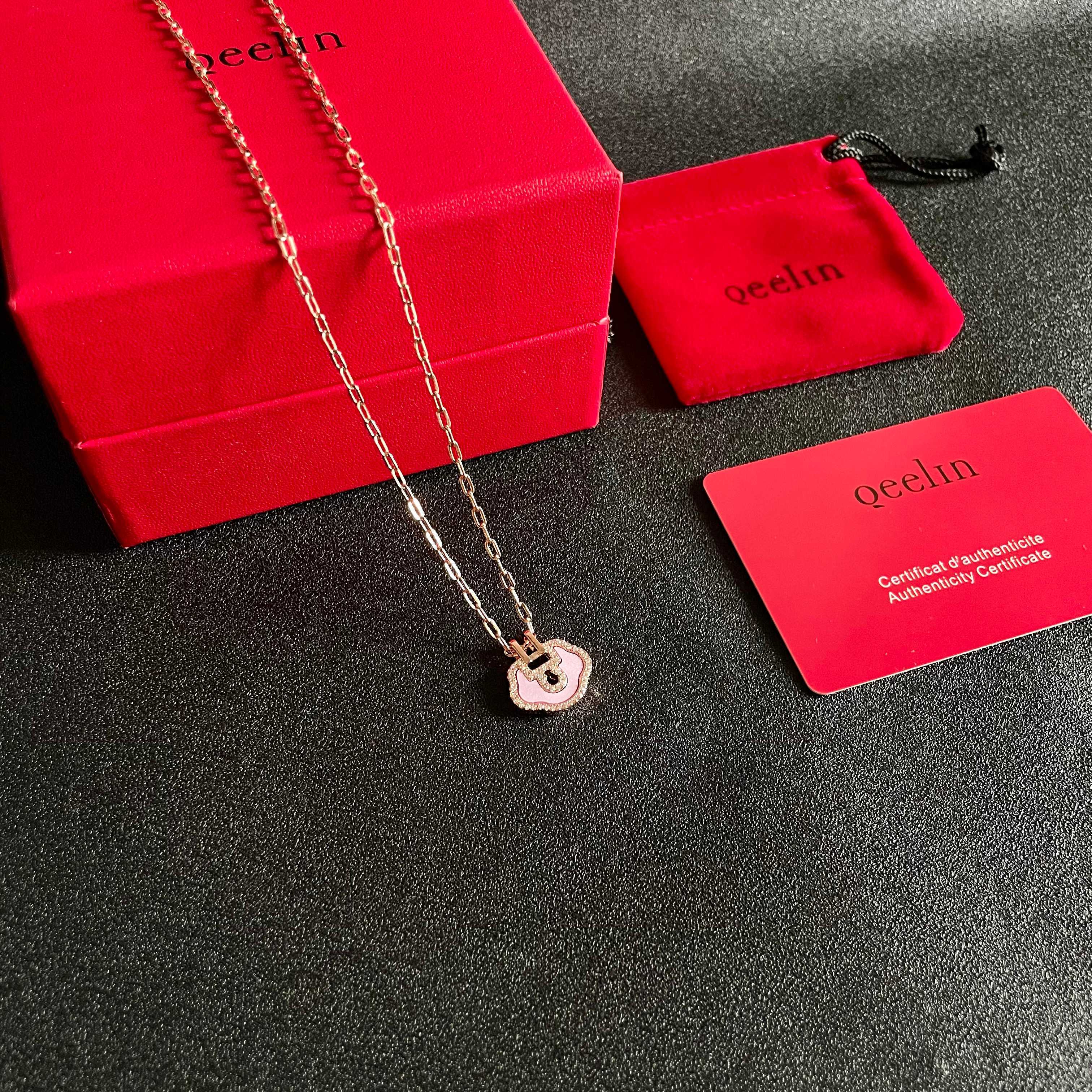 Qeelin Yu Yi Mini Ruyi Lock necklace Rose gold metal light pink enamel clear diamond accents 42cm