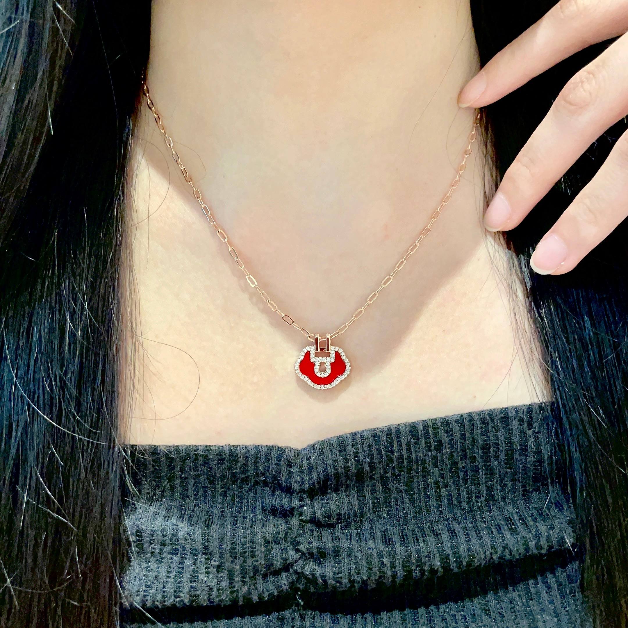 Qeelin Yu Yi Mini Ruyi necklace Rose gold metal red enamel clear diamond accents 42cm