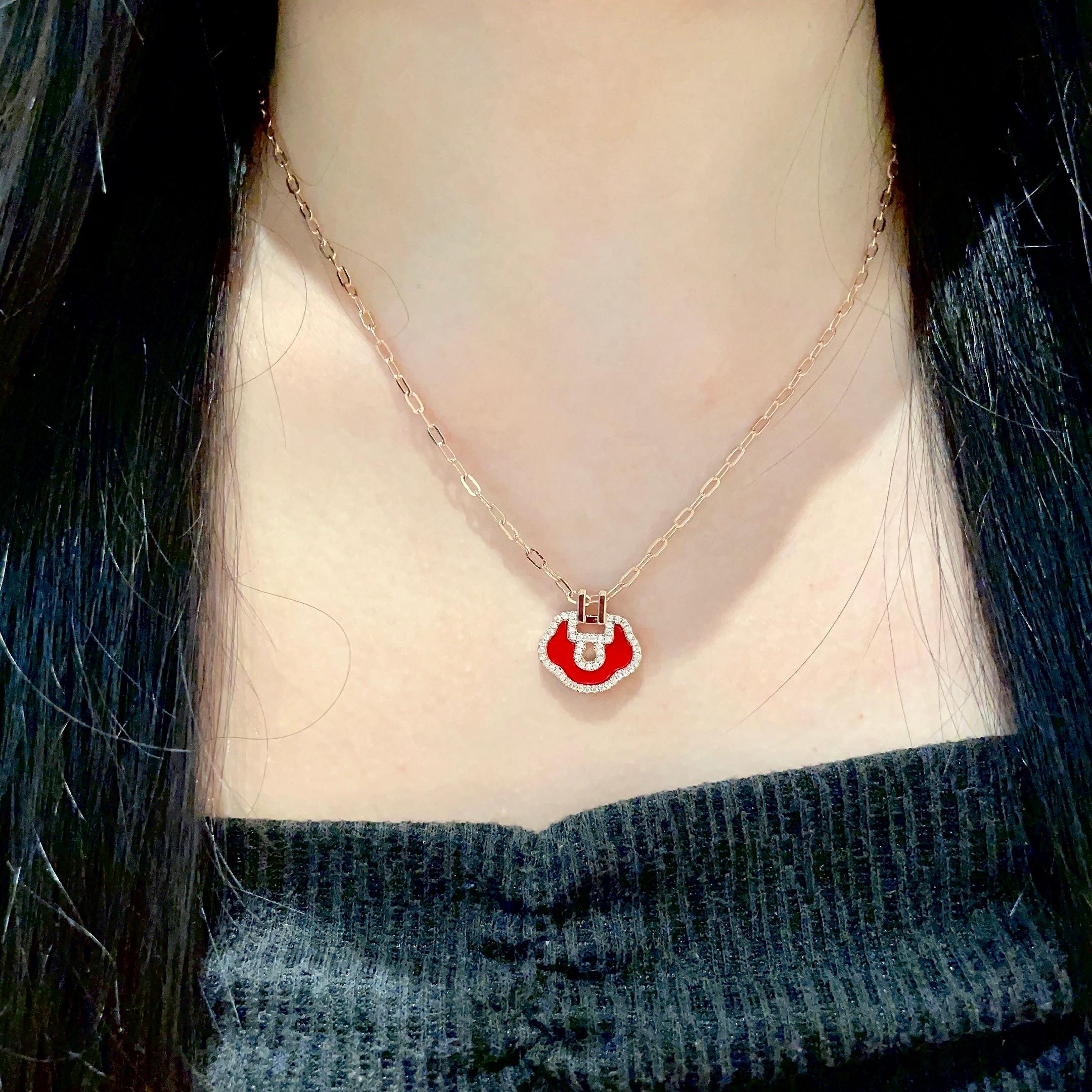 Qeelin Yu Yi Mini Ruyi necklace Rose gold metal red enamel clear diamond accents 42cm
