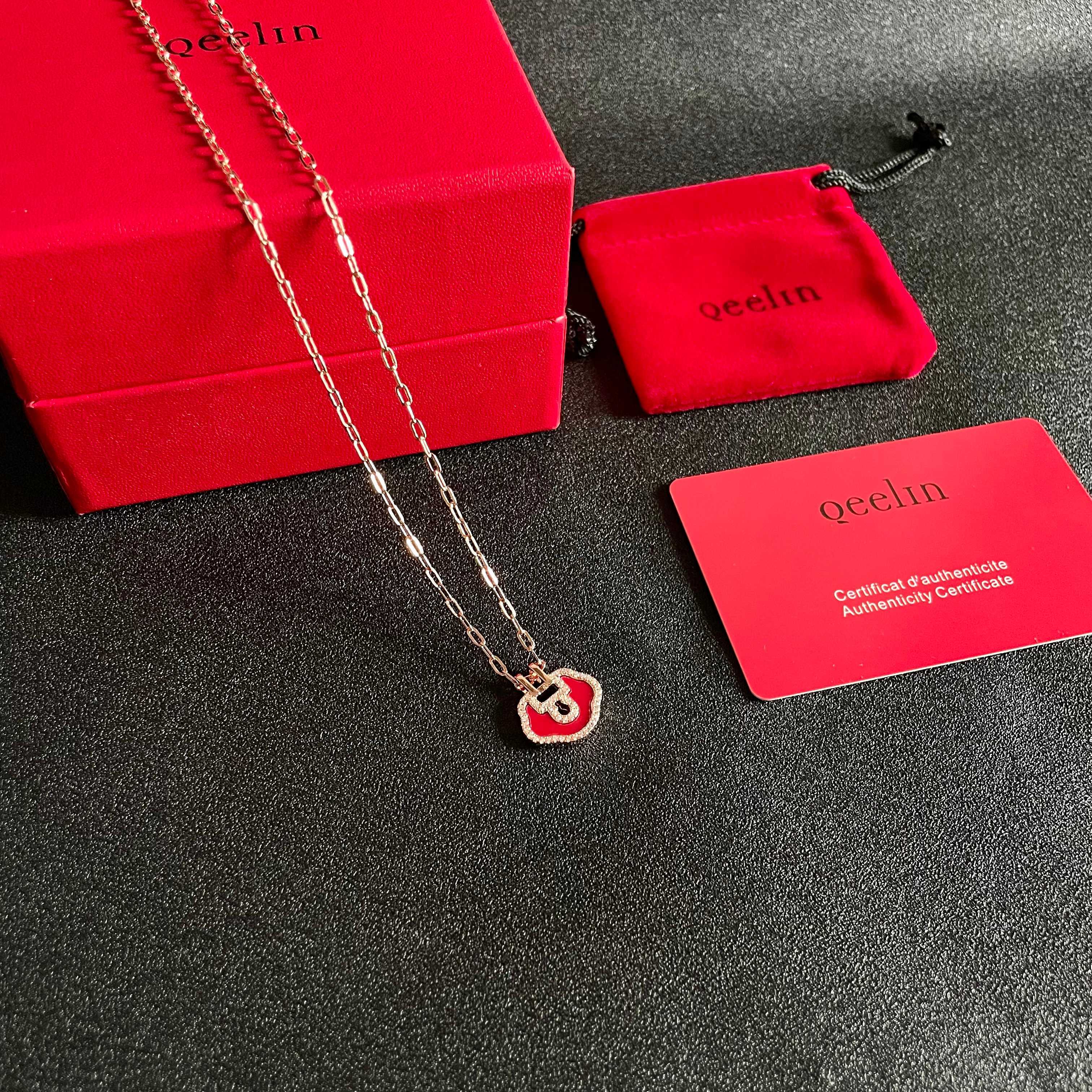 Qeelin Yu Yi Mini Ruyi necklace Rose gold metal red enamel clear diamond accents 42cm