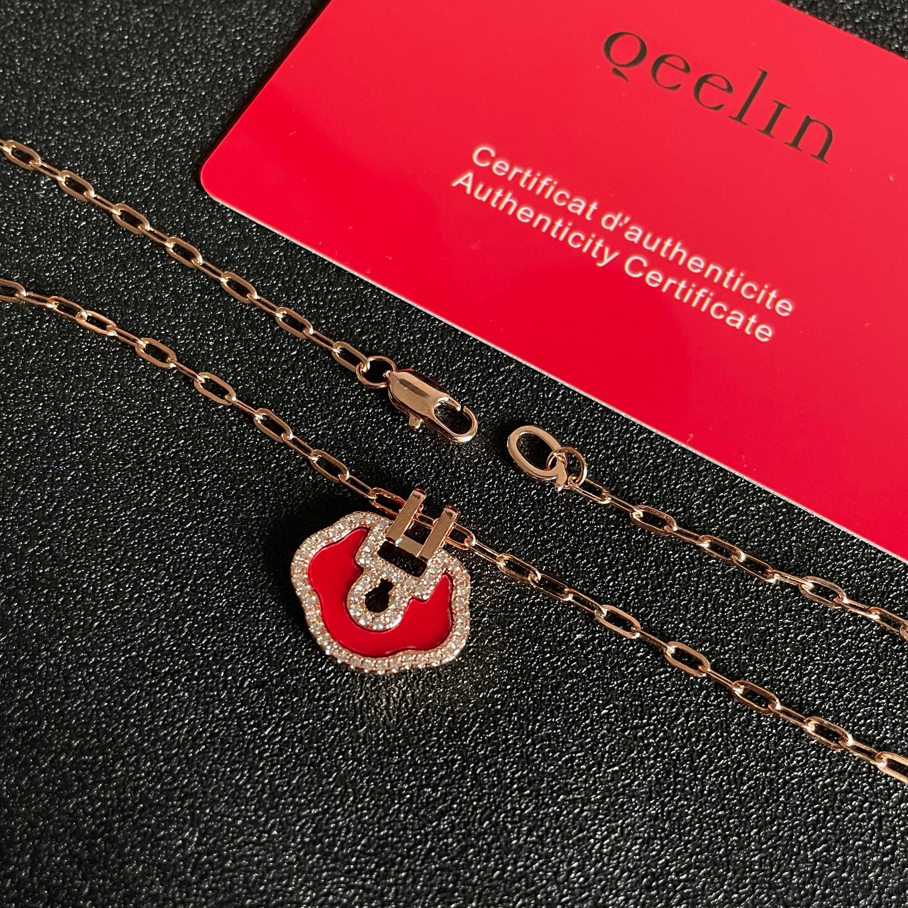 Qeelin Yu Yi Mini Ruyi necklace Rose gold metal red enamel clear diamond accents 42cm