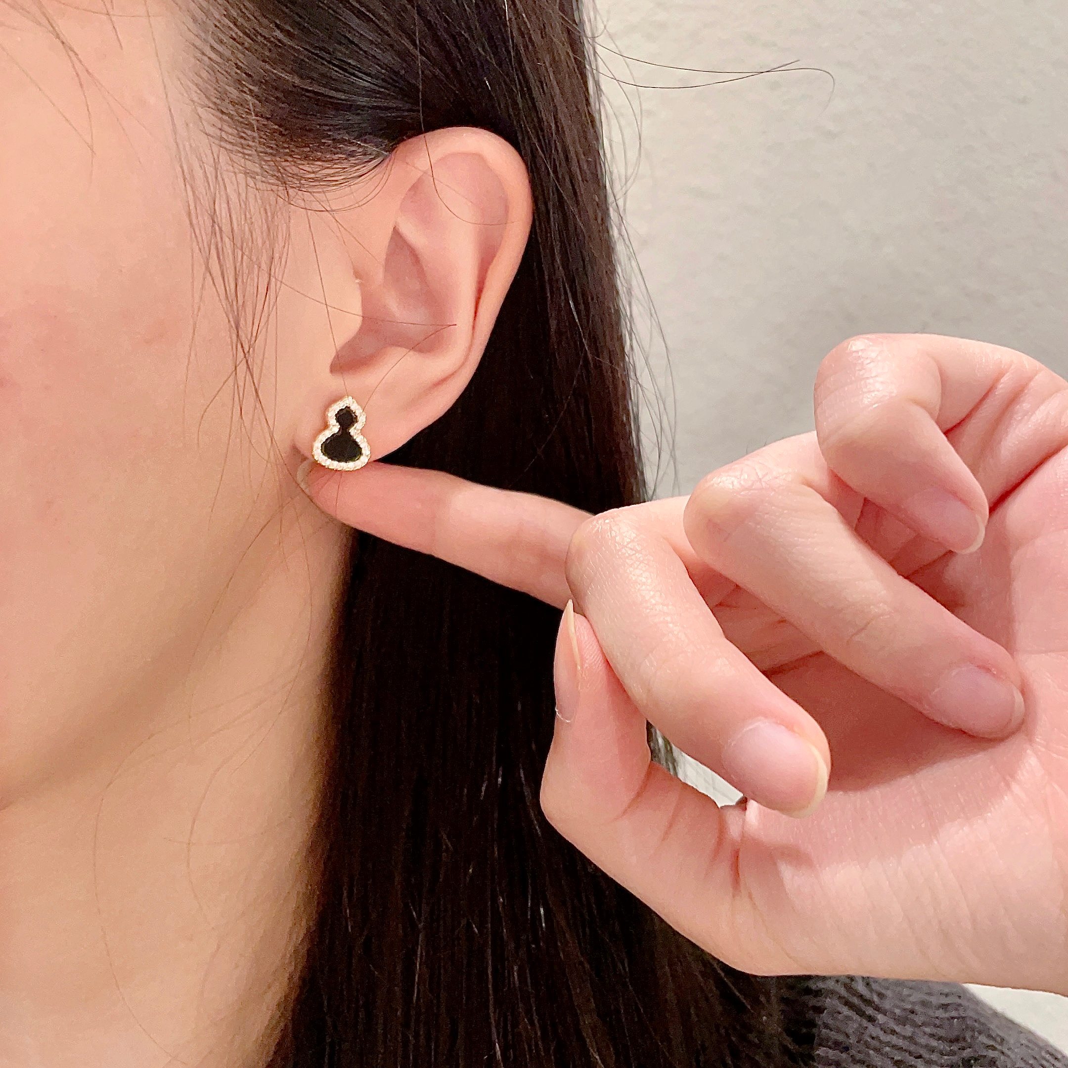 Qeelin Kirin Mini Gourd earrings 18K rose gold with black onyx inlay and diamond pave accents mini stud size