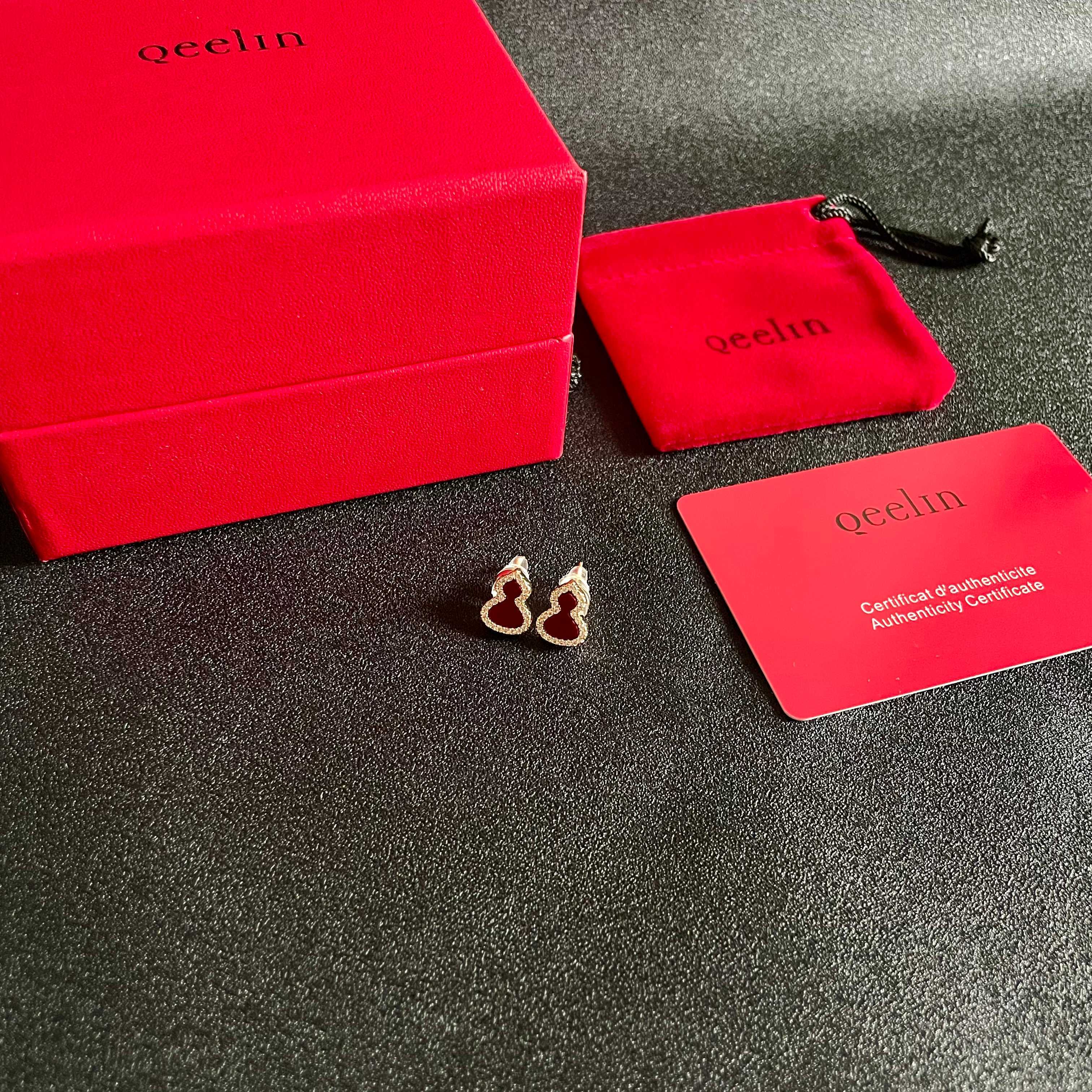 Qeelin Wulu earrings 18k rose gold with diamond pave available with white mother-of-pearl red carnelian or open diamond outline gourd motifs mini stud