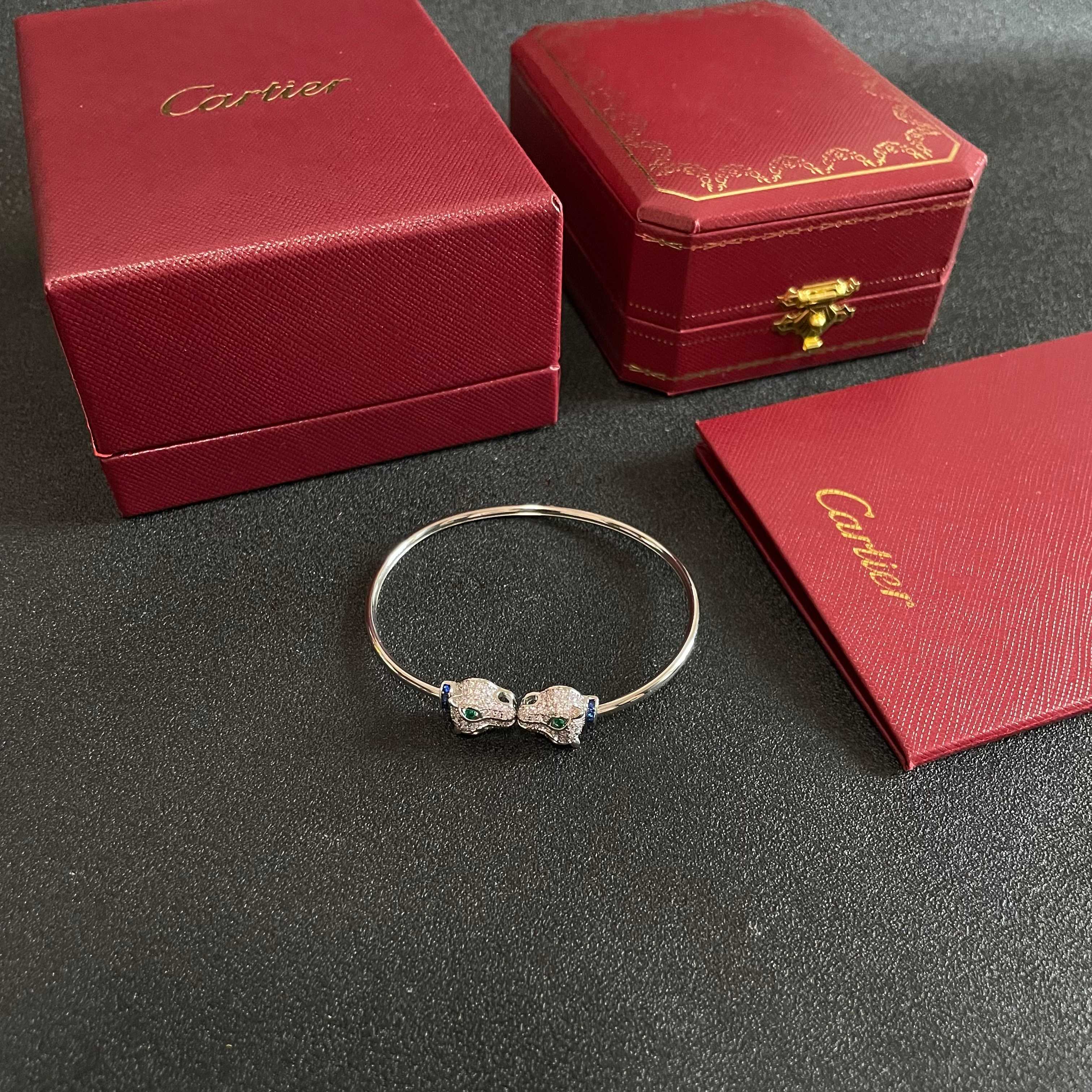 Cartier Panthere de Cartier bracelet 18k white gold diamond emerald sapphire 17