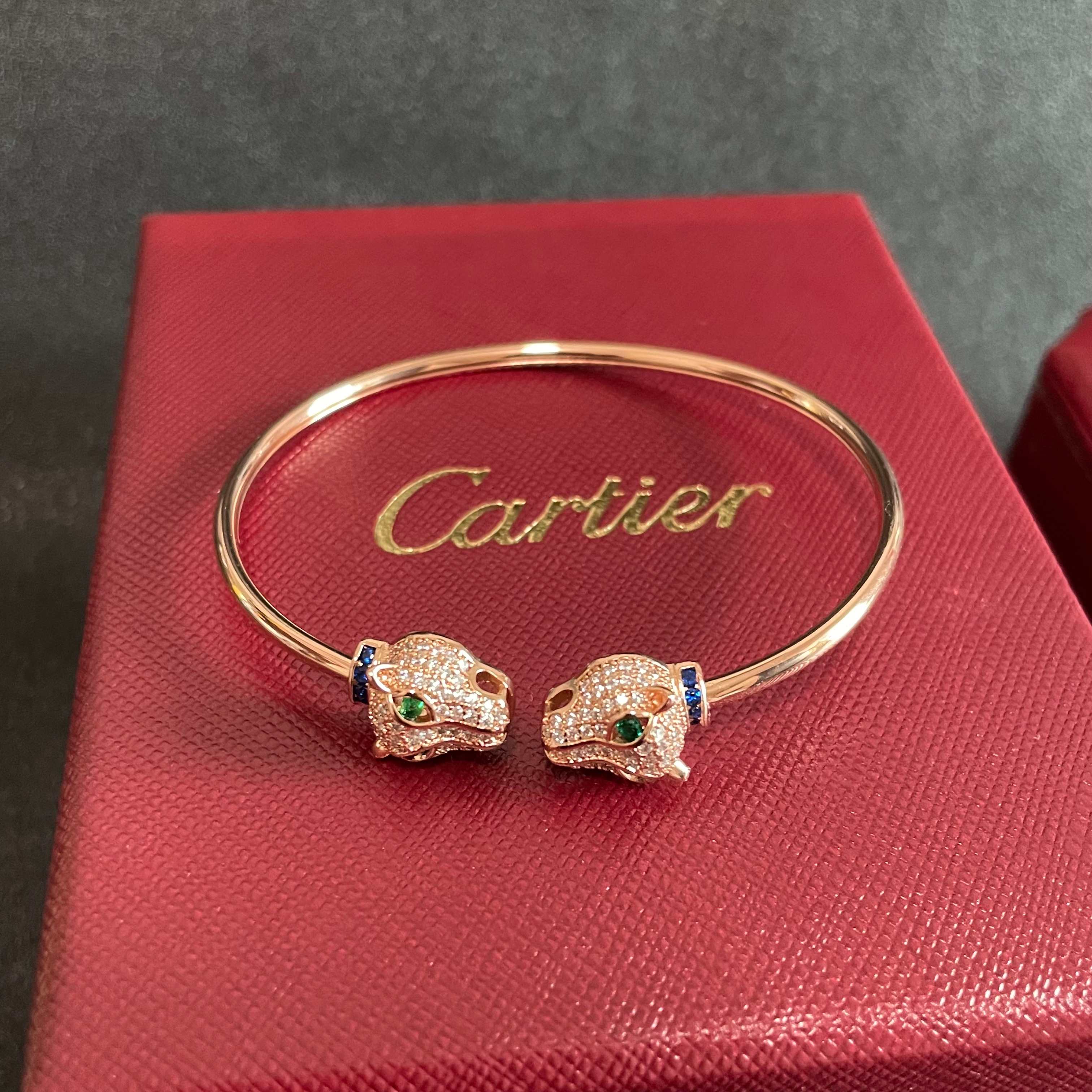 Cartier Panthere de Cartier bracelet Rose gold with pave diamonds emerald eyes blue sapphire accents 17cm