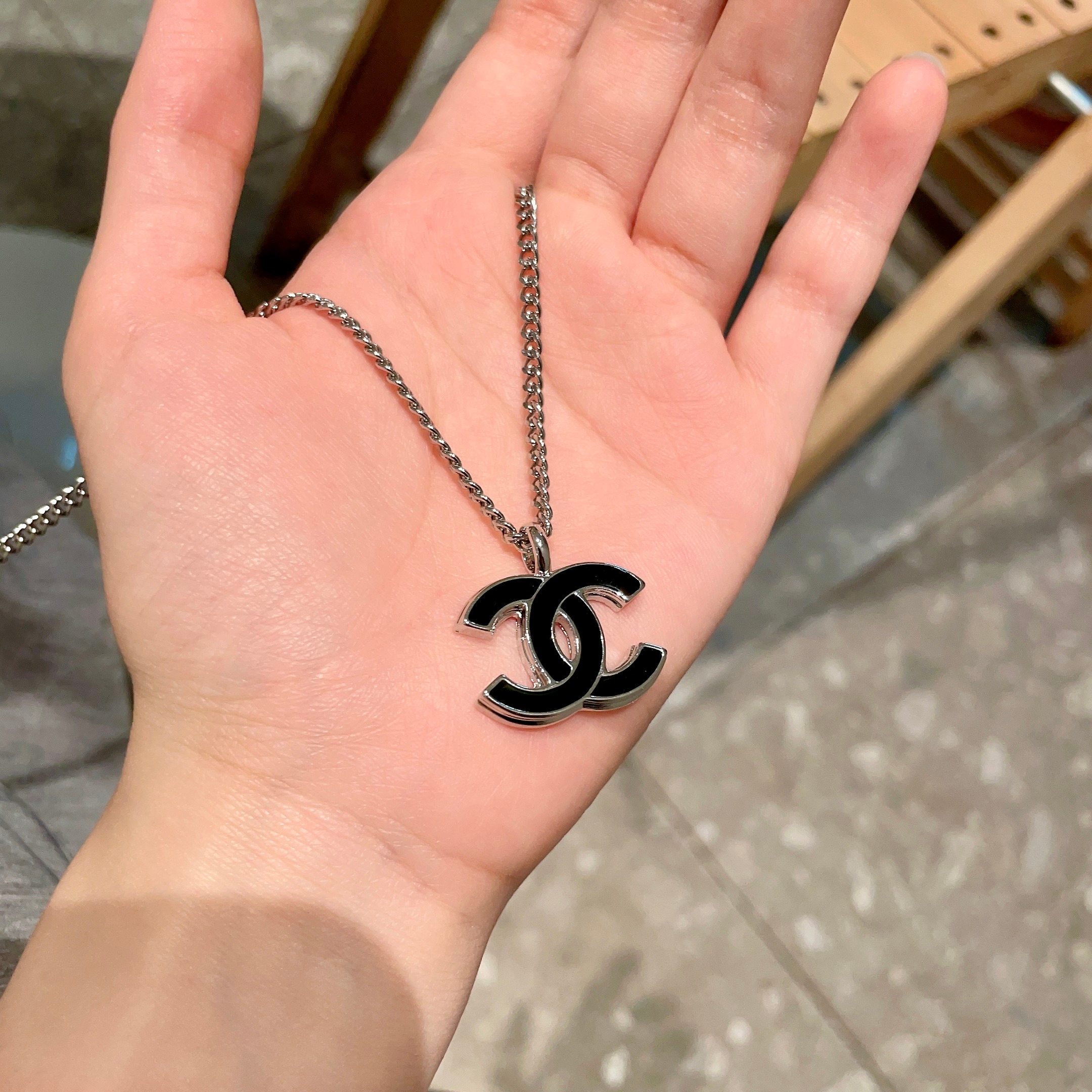 Chanel CC Logo Enamel Pendant Necklace necklace Silver-toned metal with black enamel 42cm
