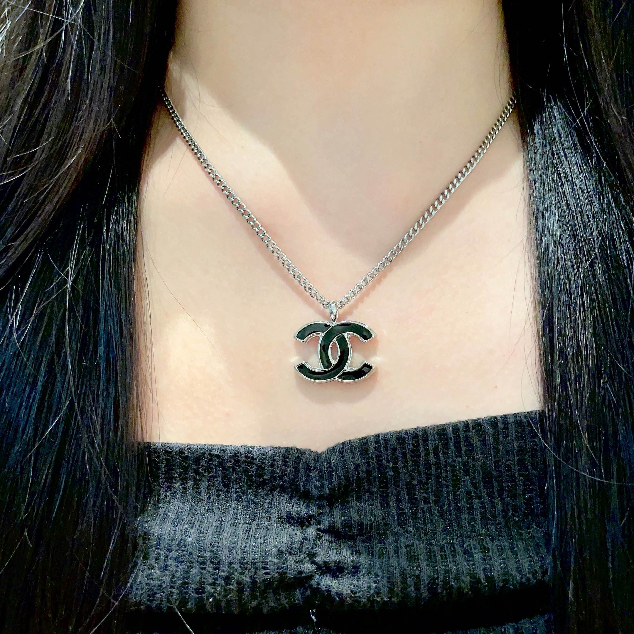 Chanel CC Logo Enamel Pendant Necklace necklace Silver-toned metal with black enamel 42cm