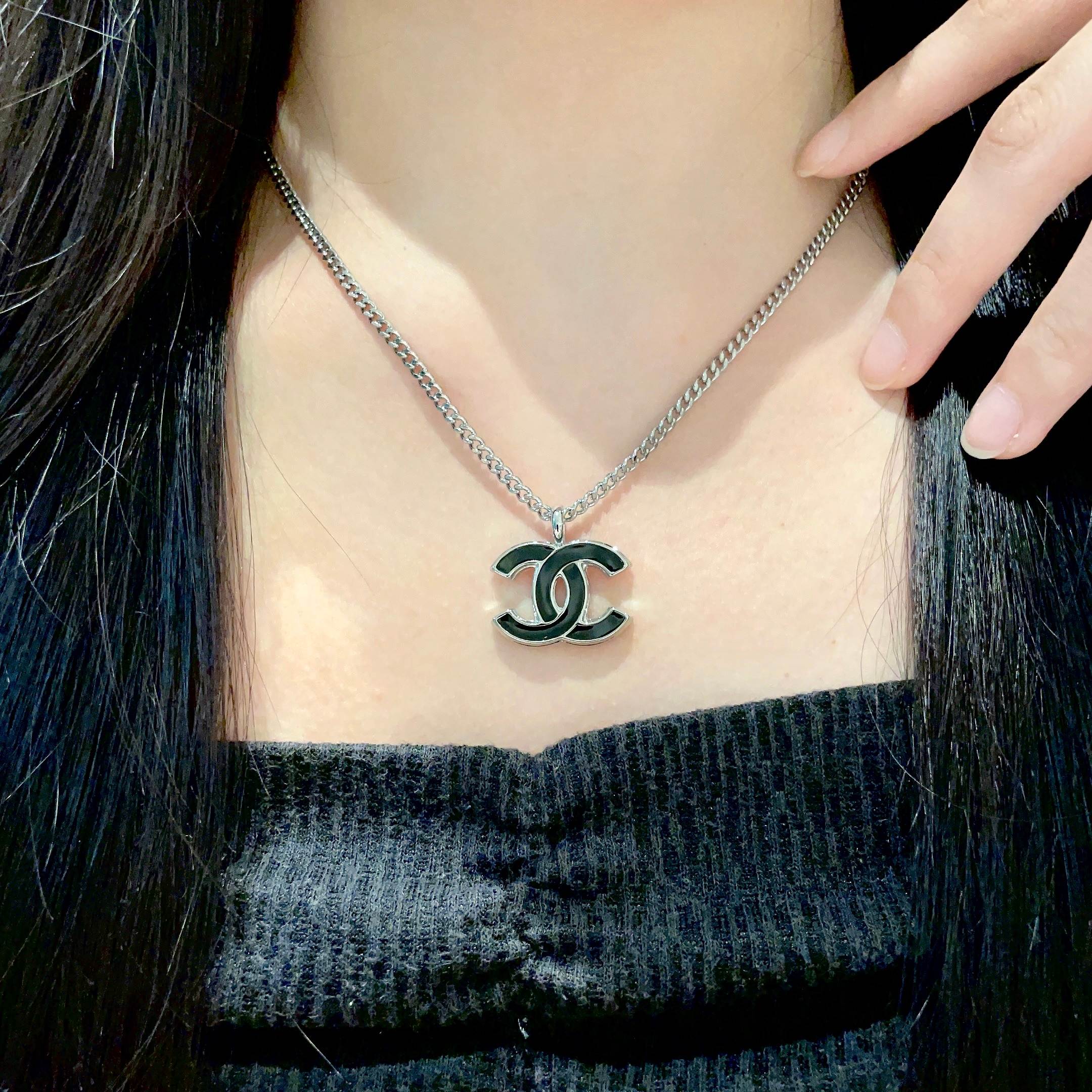 Chanel CC Logo Enamel Pendant Necklace necklace Silver-toned metal with black enamel 42cm