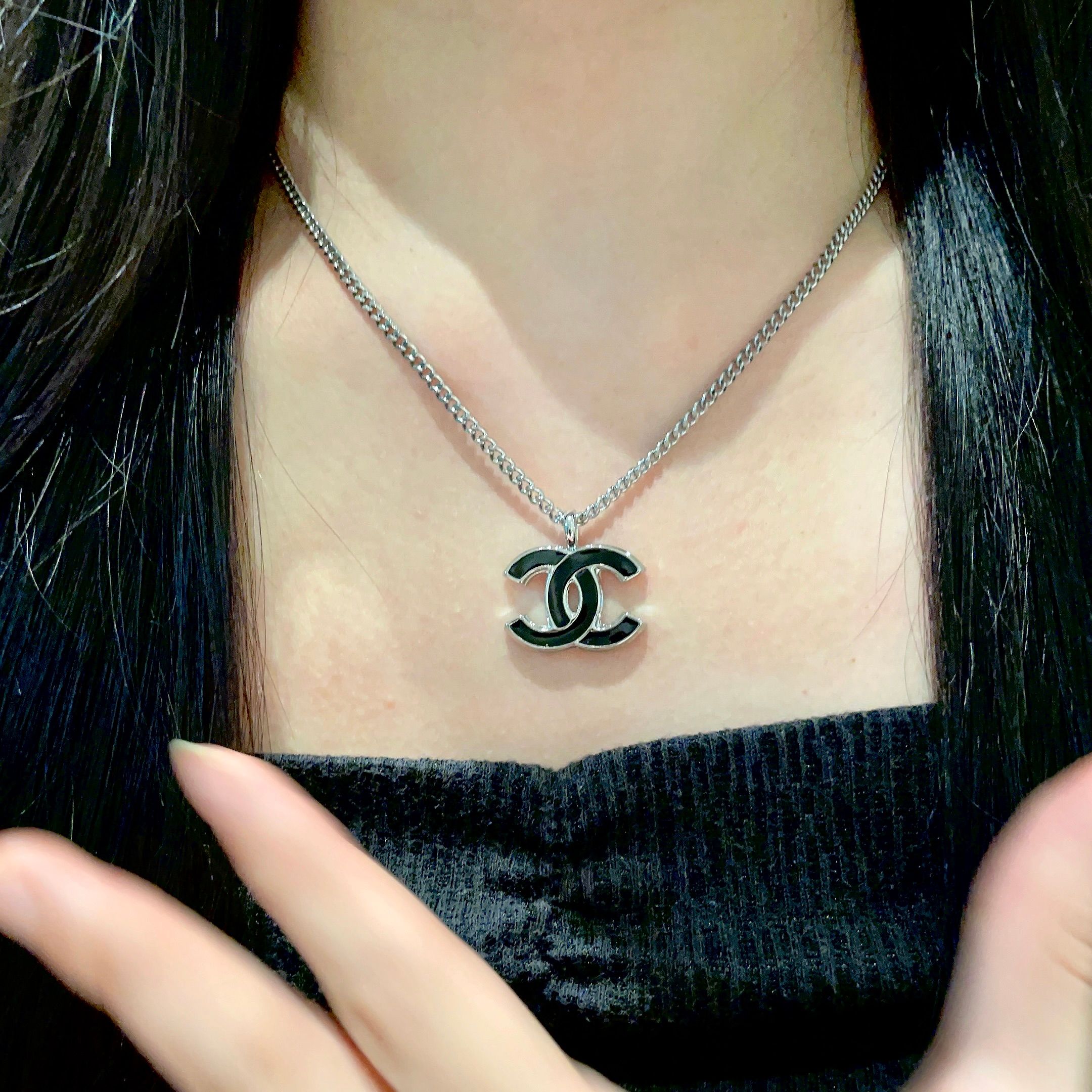 Chanel CC Logo Enamel Pendant Necklace necklace Silver-toned metal with black enamel 42cm