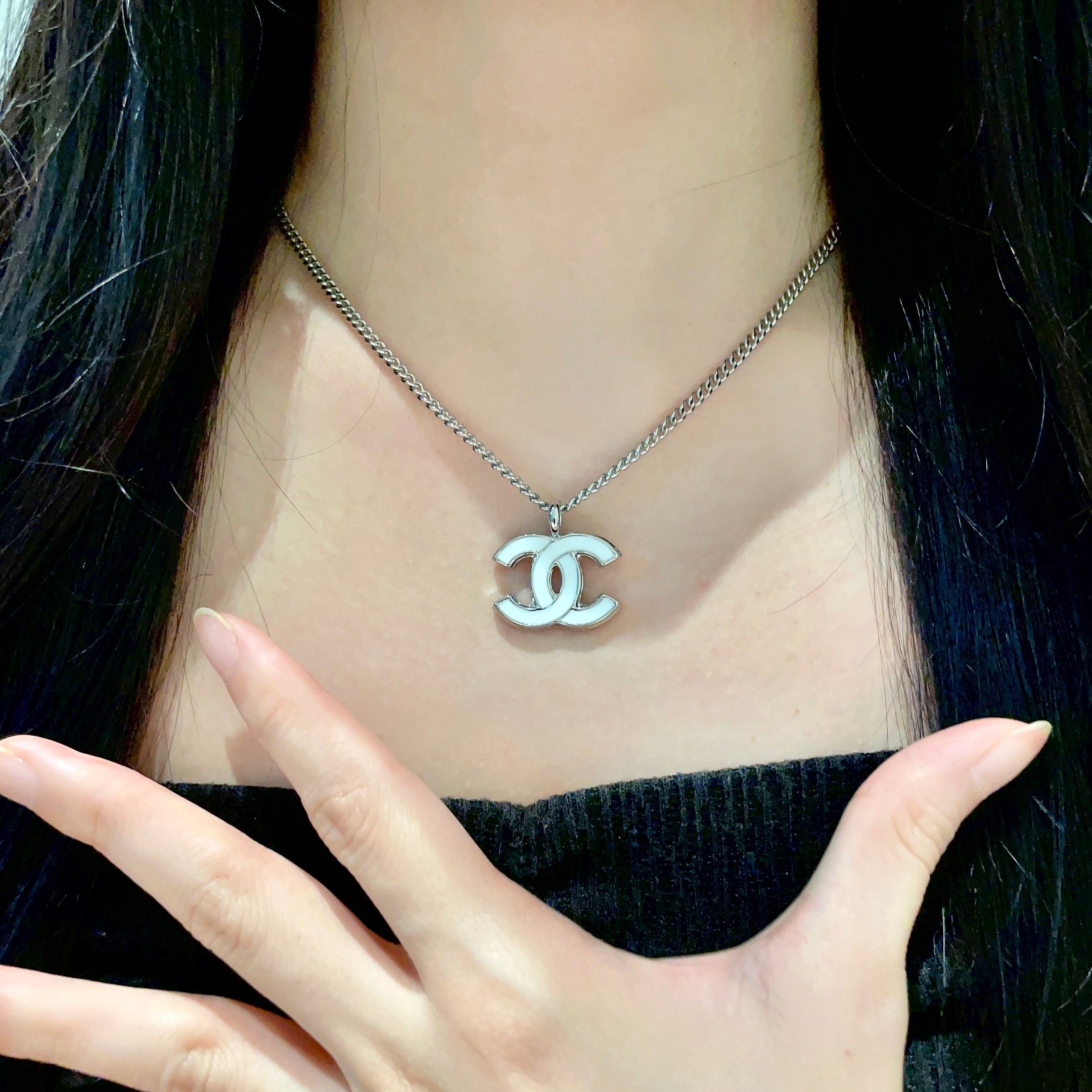 Chanel CC Logo Pendant Necklace necklace Silver-tone metal with white enamel 42cm